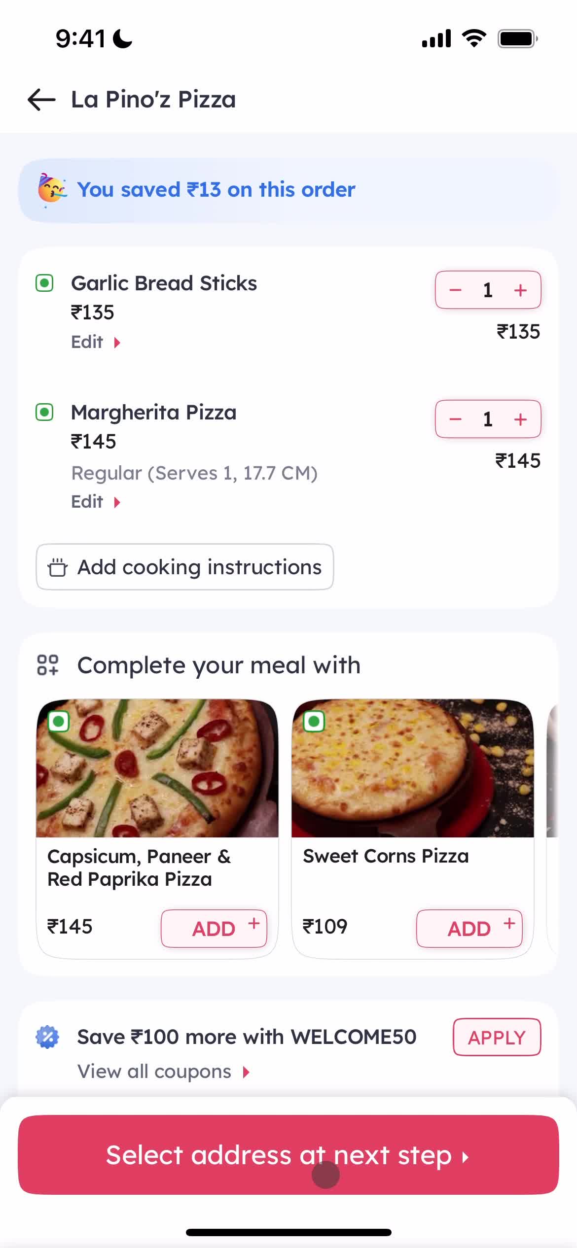 Ordering food screenshot