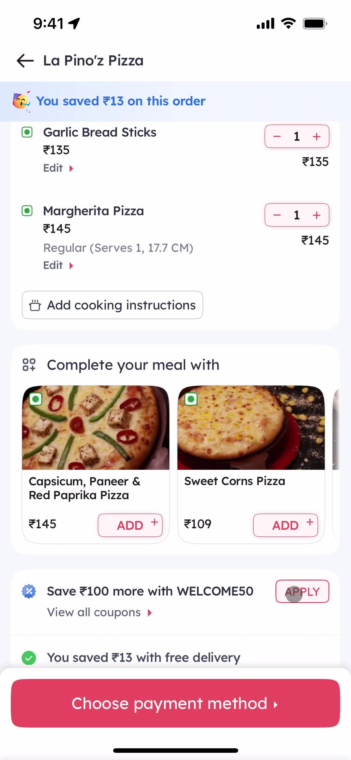 Ordering food screenshot