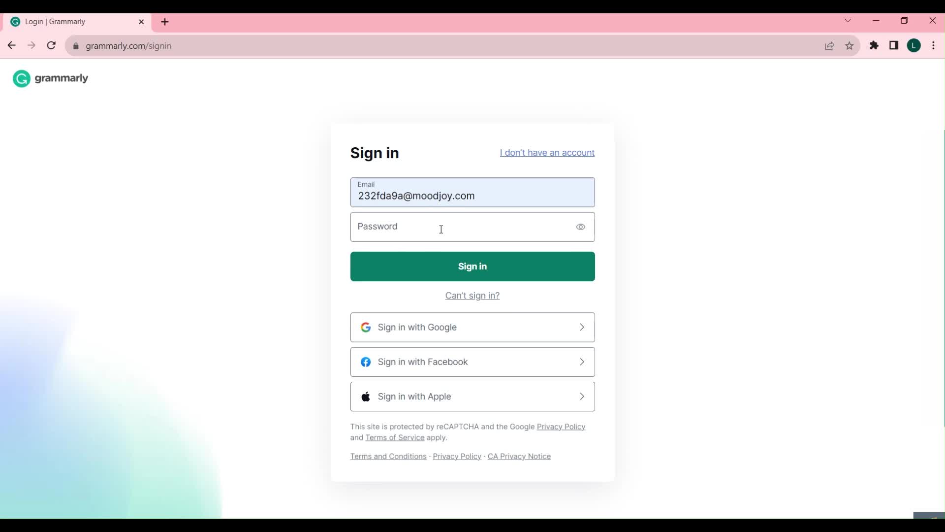 Screenshot of Sign in on Password reset on Grammarly user flow