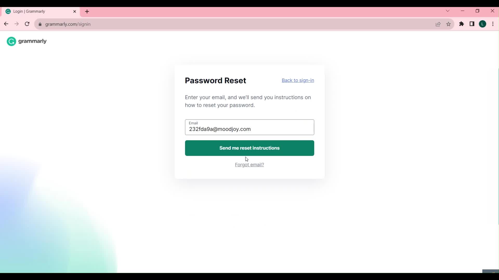 Screenshot of Forgot password on Password reset on Grammarly user flow