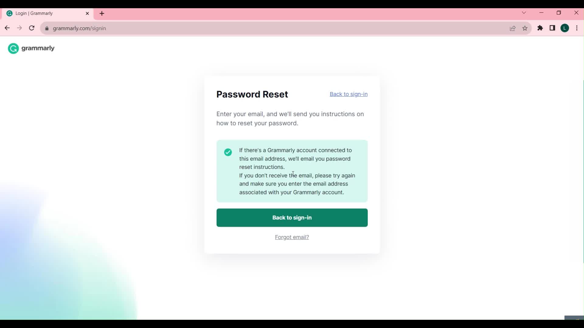 Screenshot of Password reset email on Password reset on Grammarly user flow