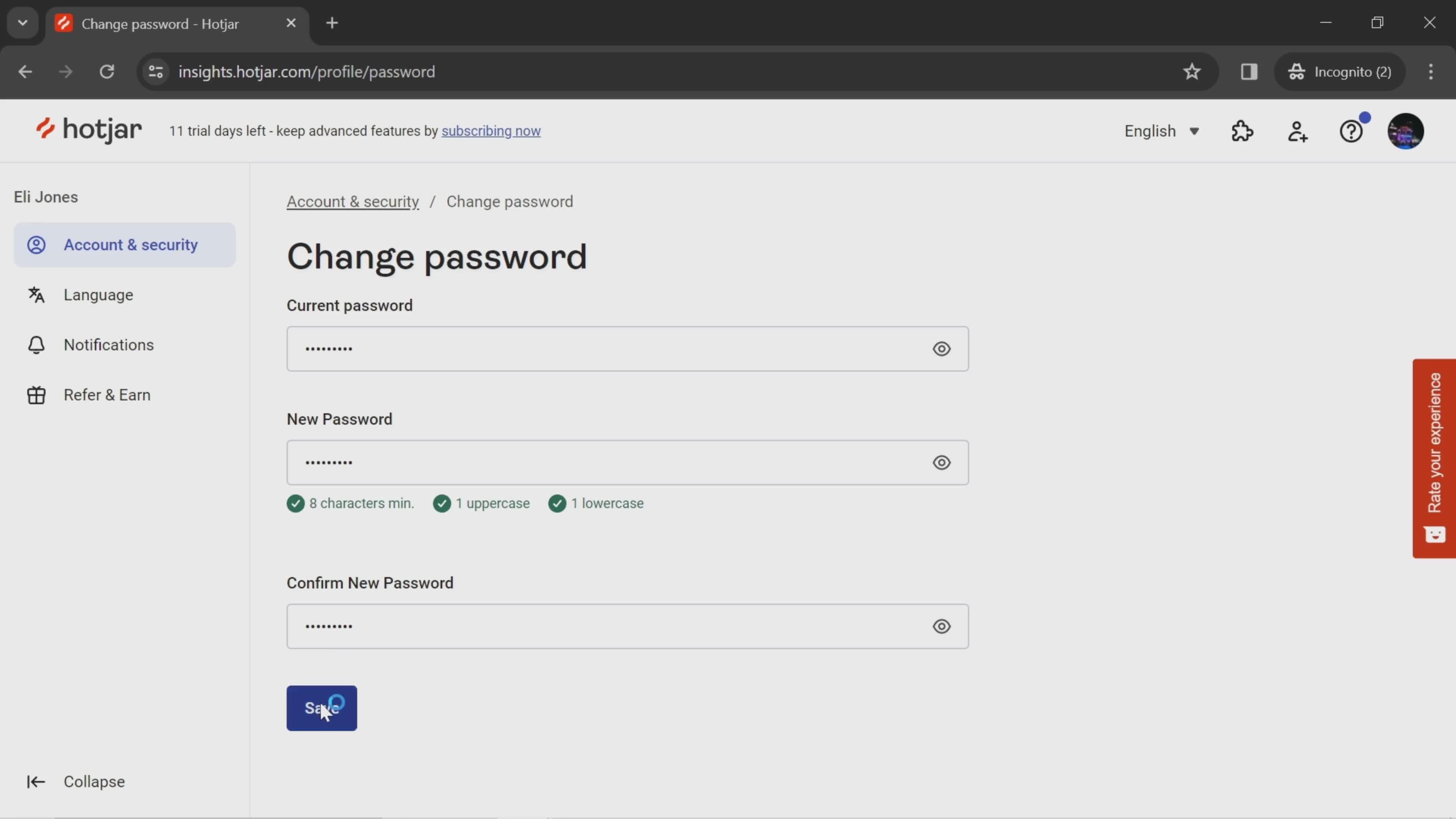 Changing password screenshot