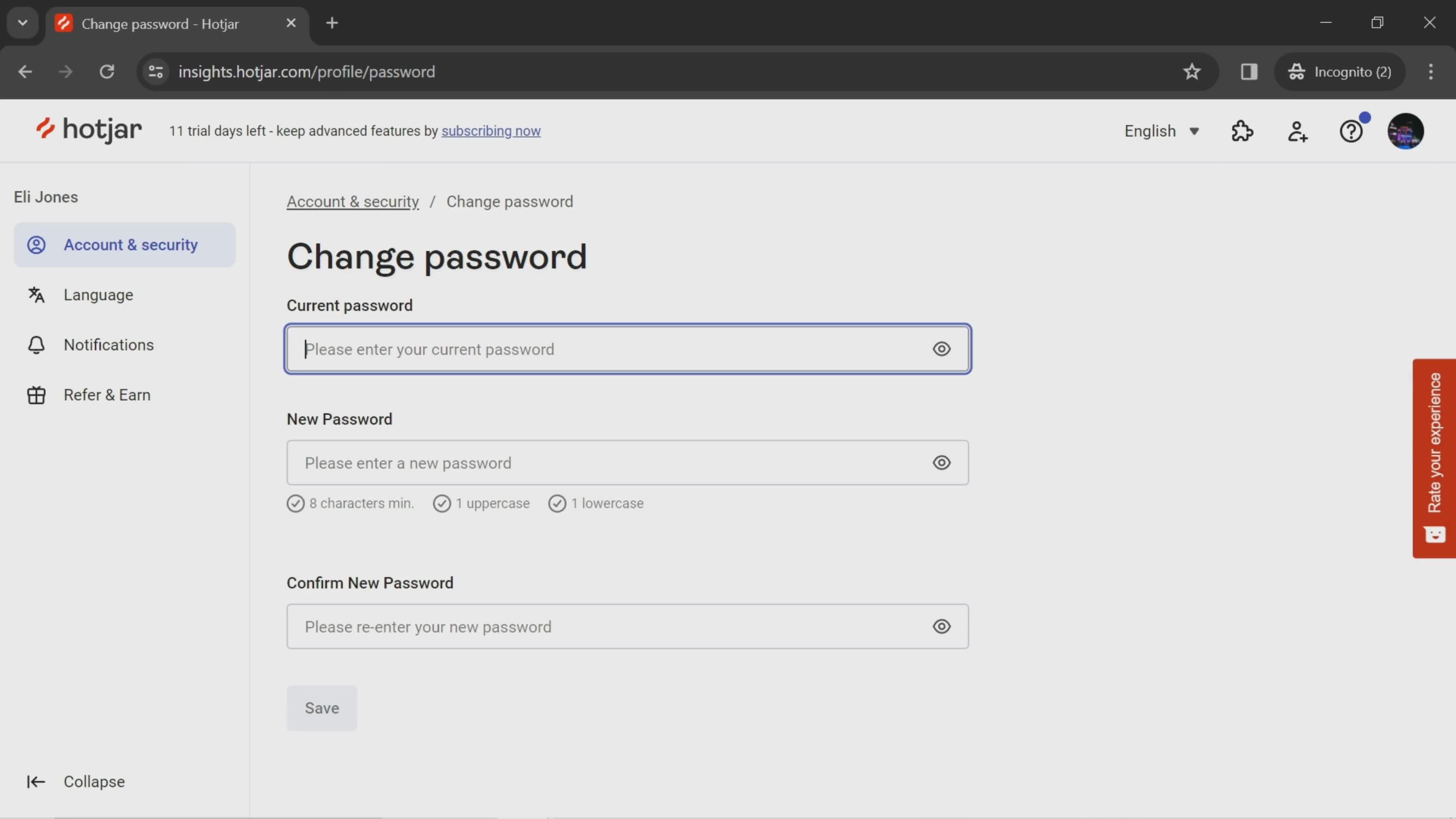 Changing password screenshot