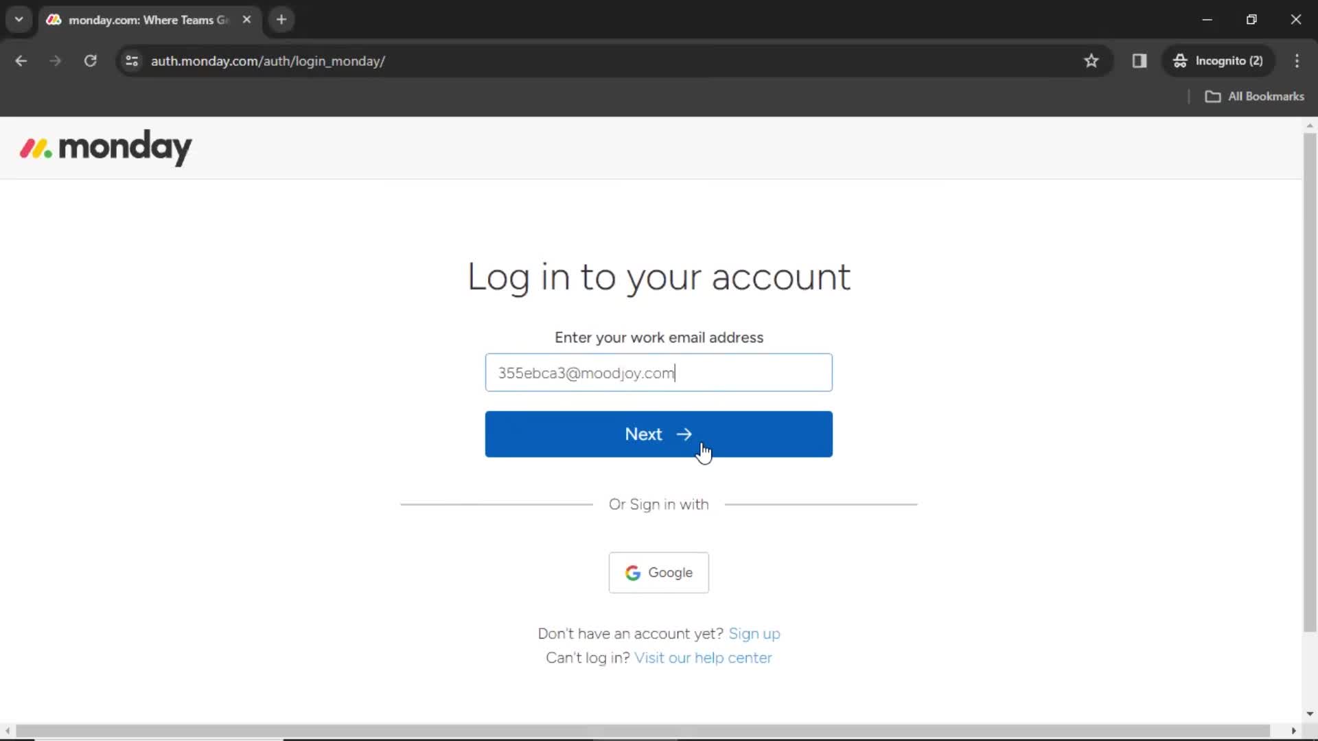 Screenshot of Continue on Password reset on Monday user flow
