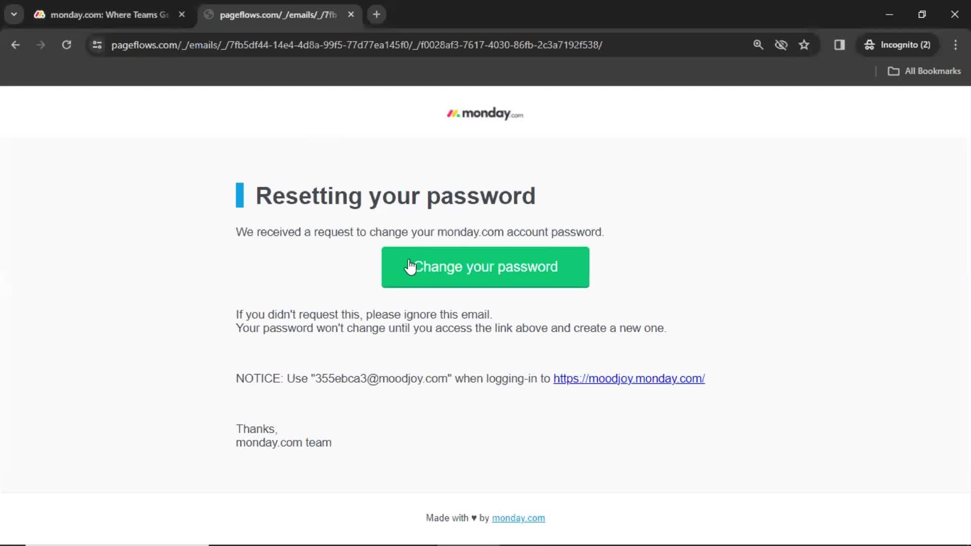 Password reset screenshot