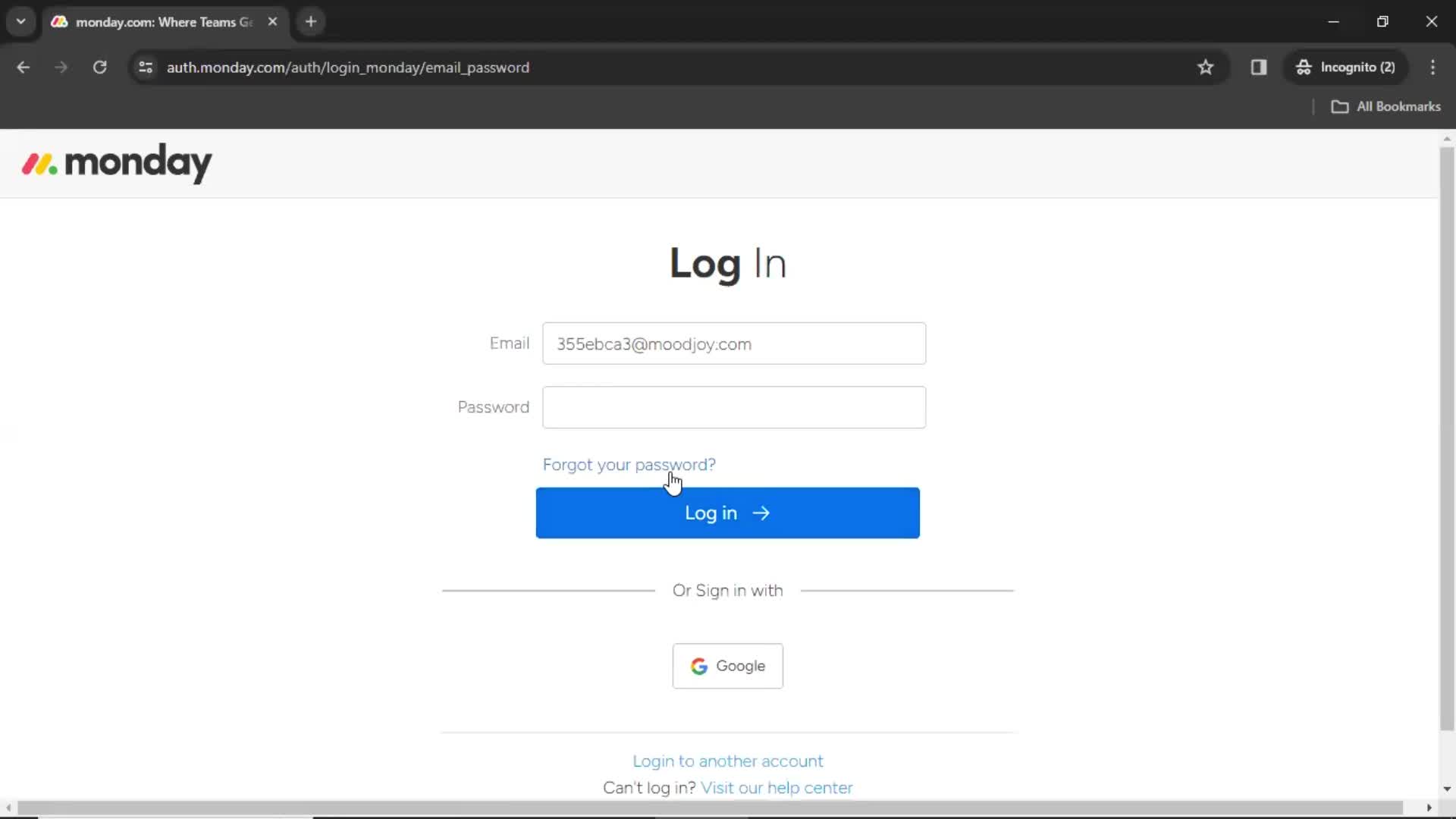 Password reset screenshot