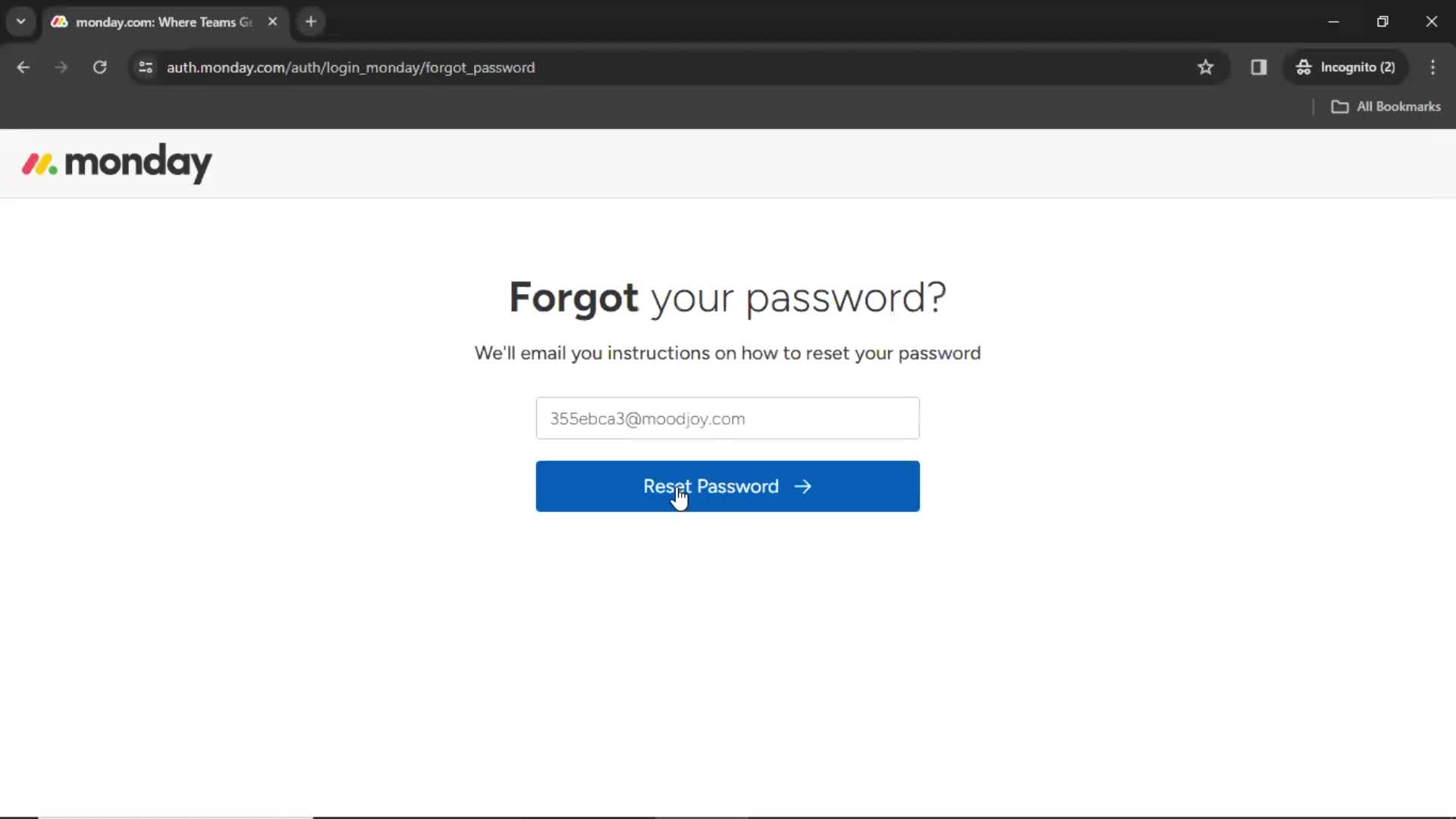 Password reset screenshot