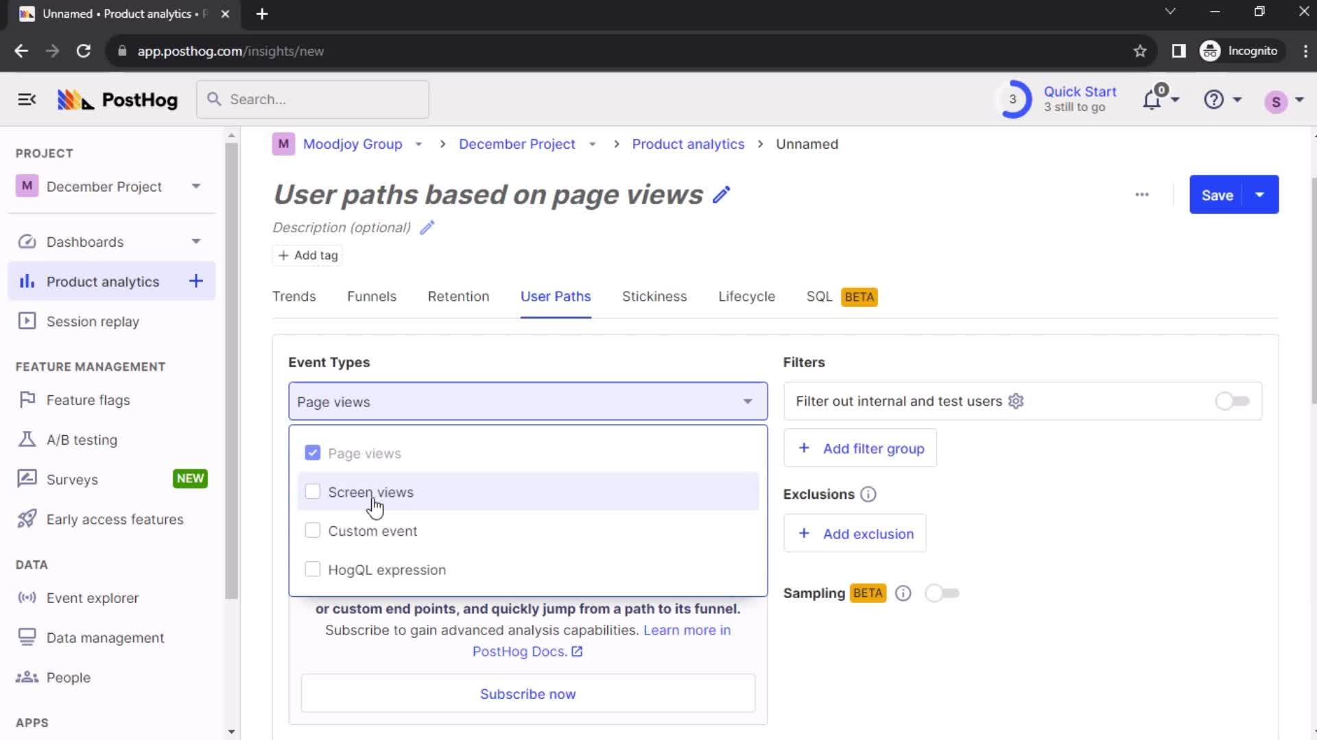 Creating user paths insight screenshot