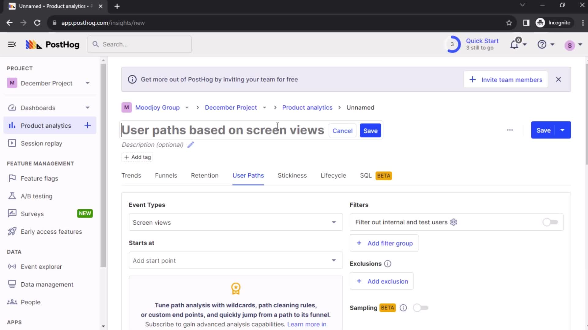 Creating user paths insight screenshot