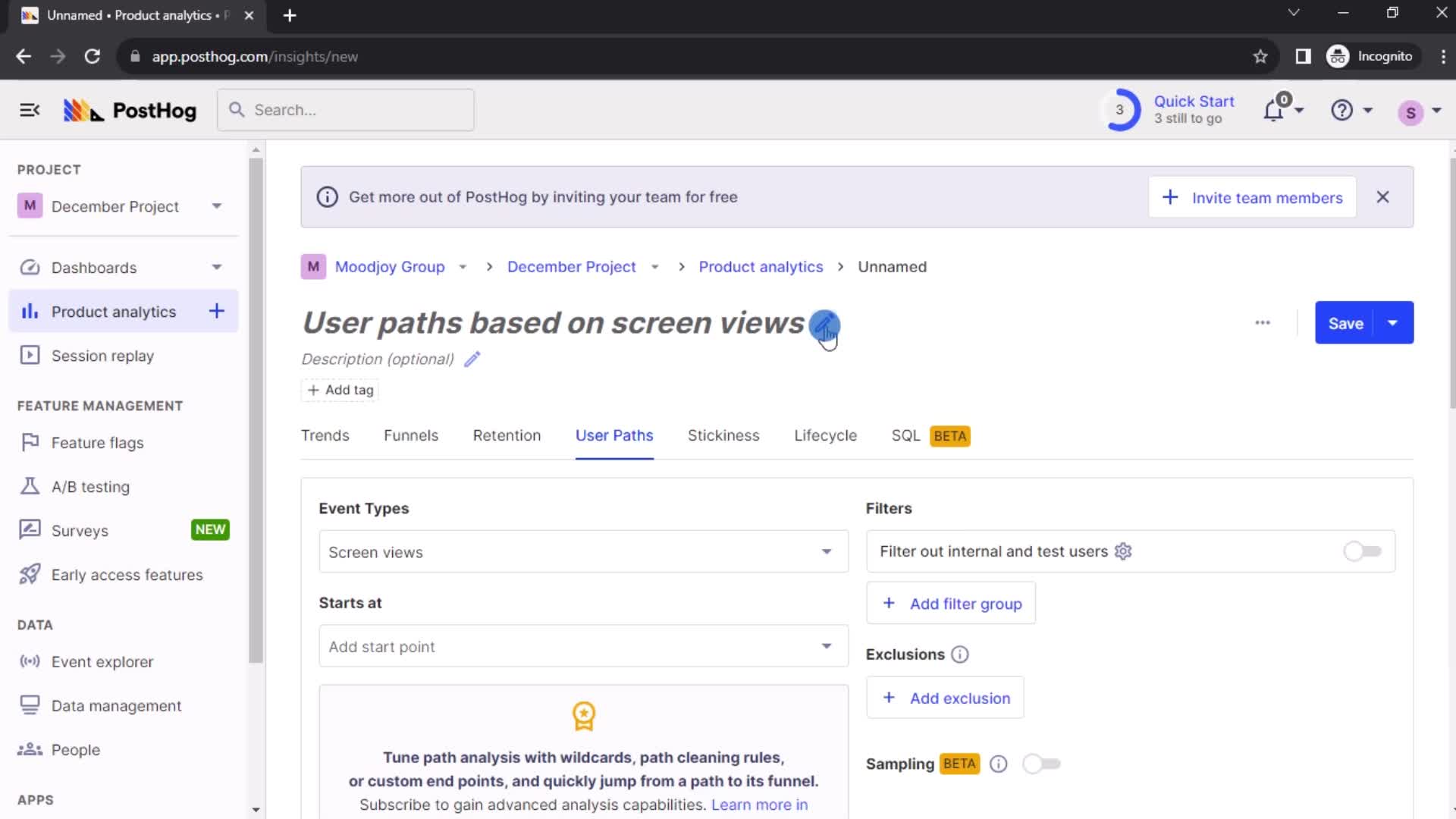 Creating user paths insight screenshot