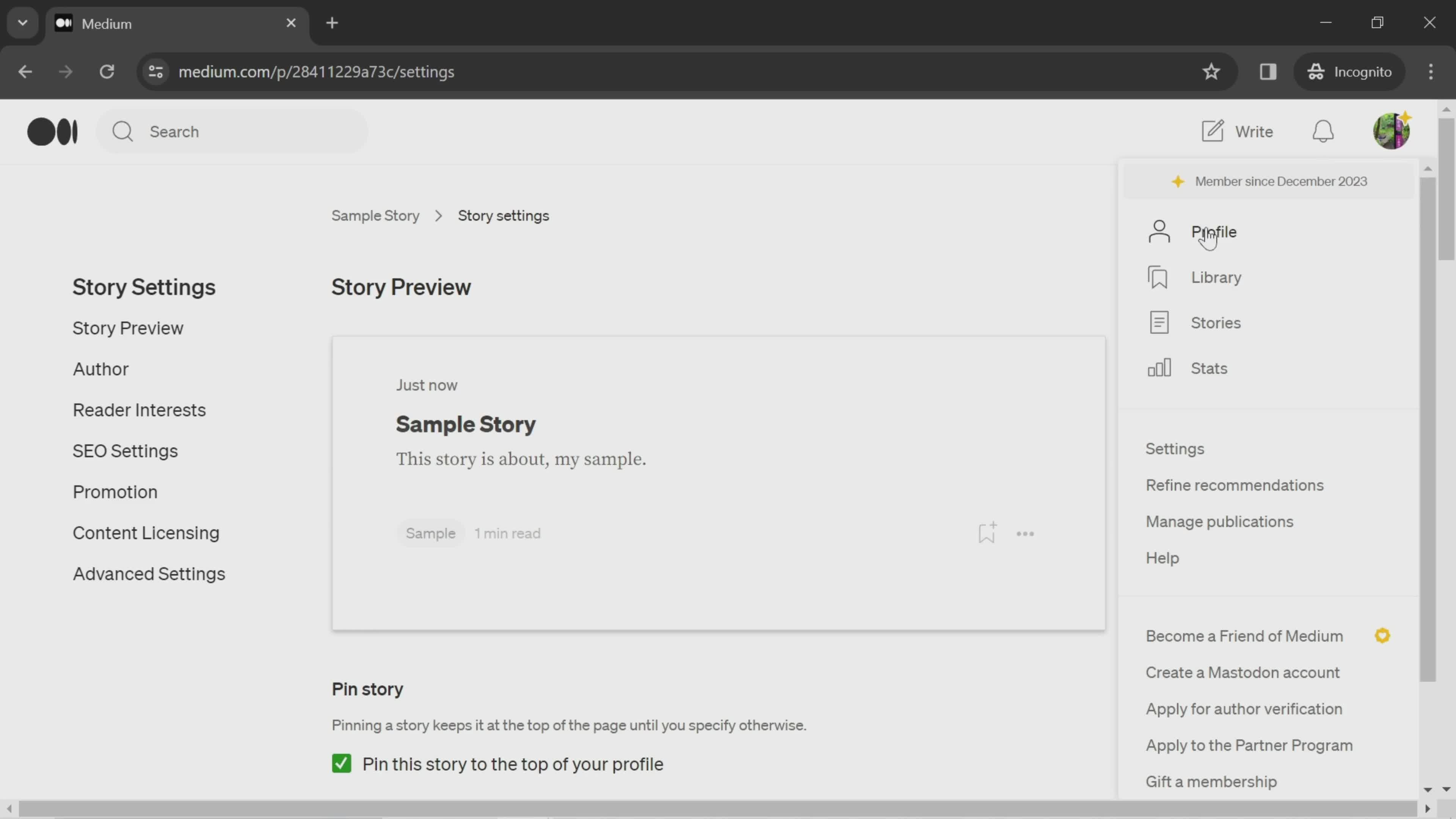 Pinning a story screenshot