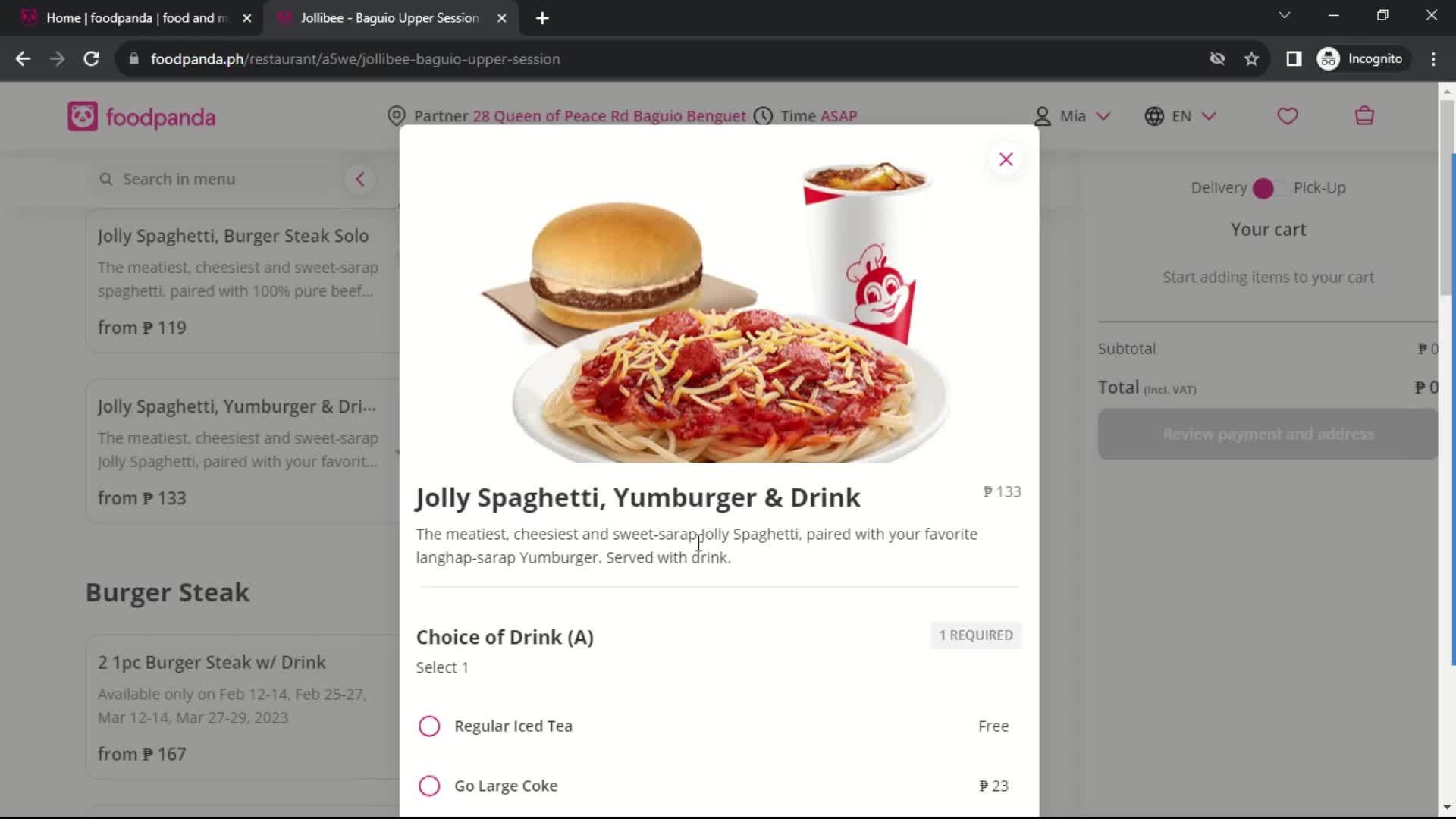 Ordering food screenshot