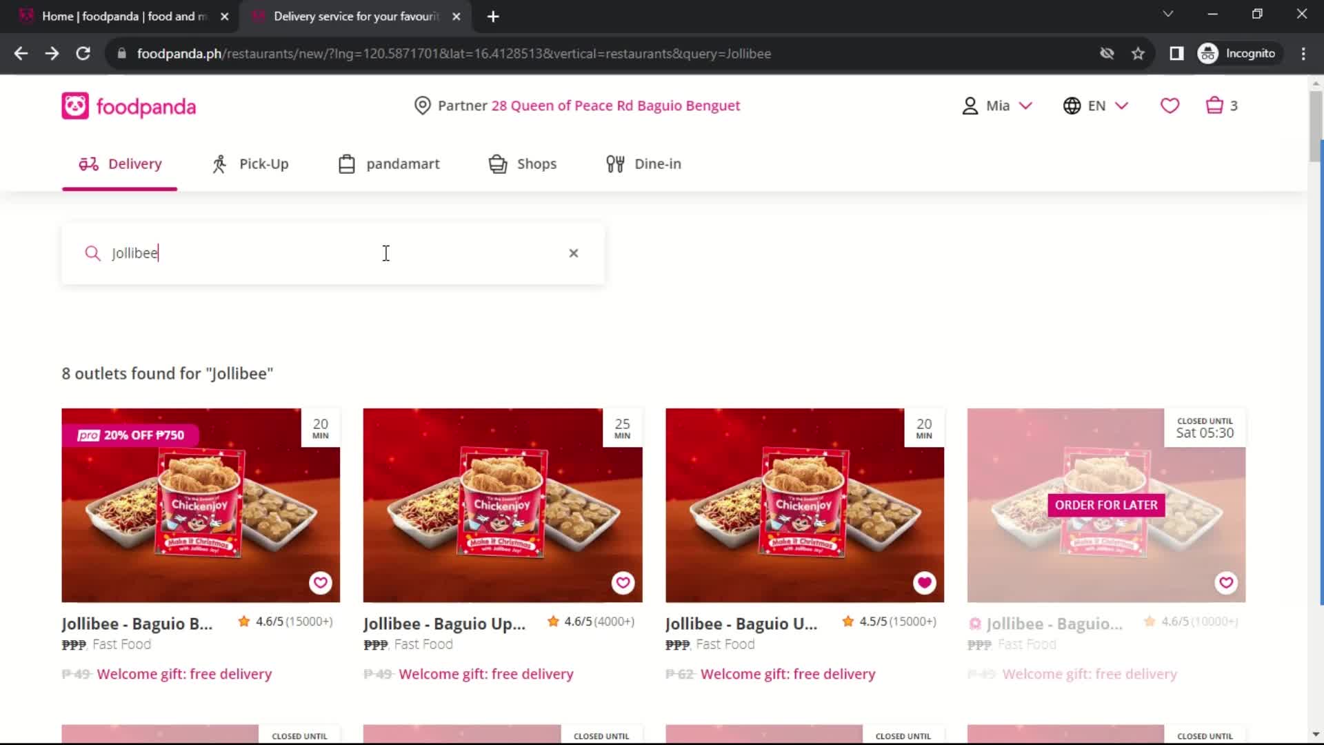 Screenshot of Search results on Ordering food on foodpanda user flow