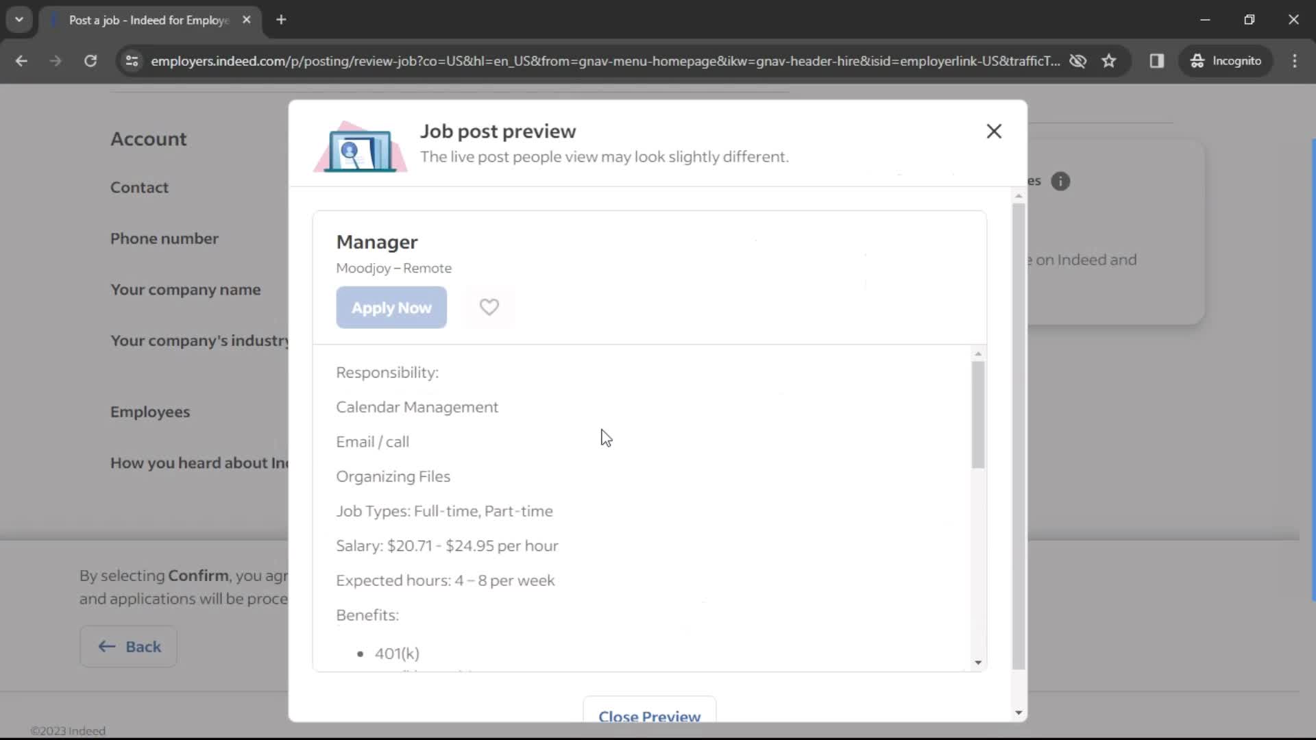 Creating a job post screenshot