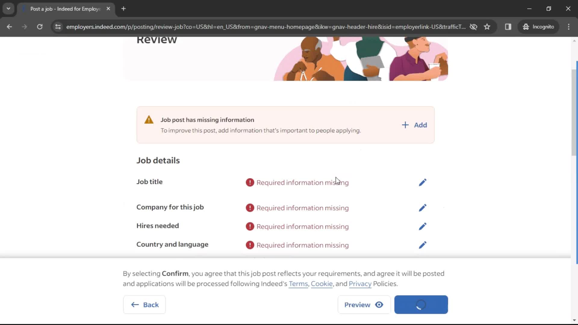 Creating a job post screenshot