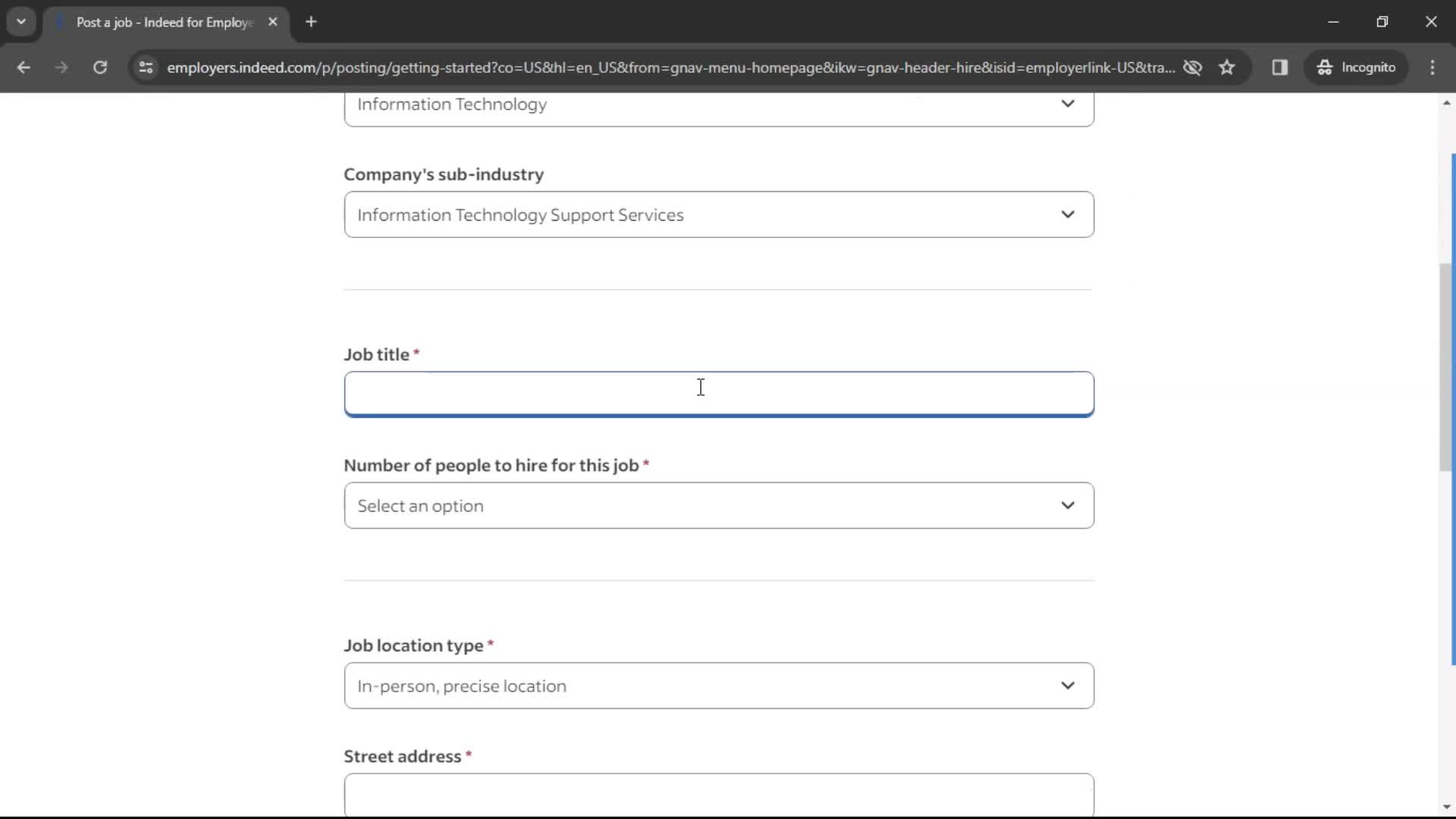 Creating a job post screenshot