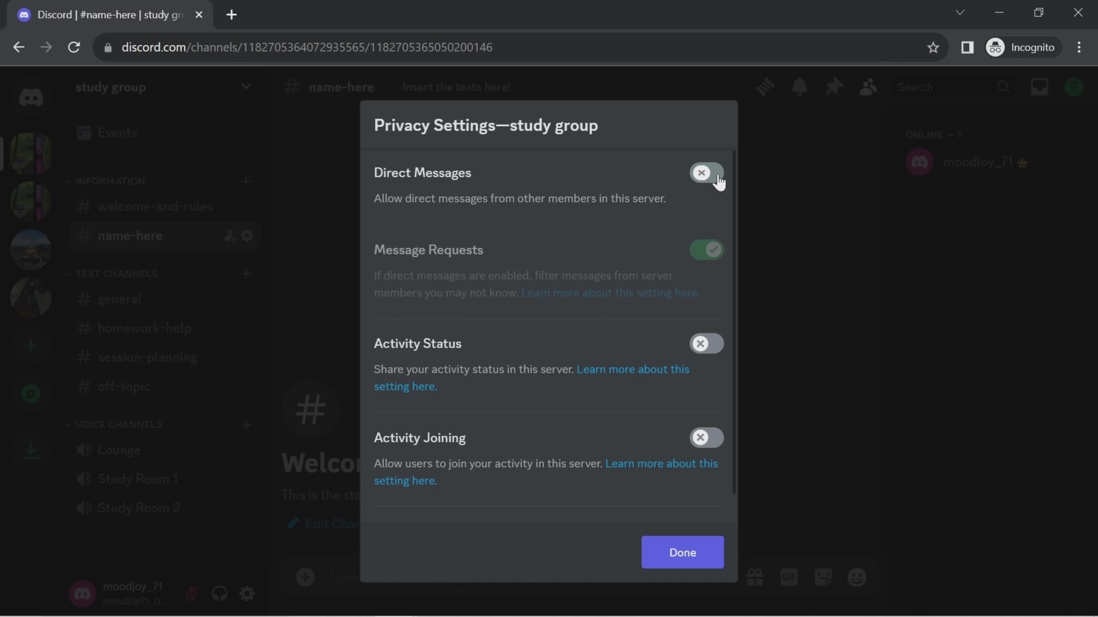 Privacy settings screenshot