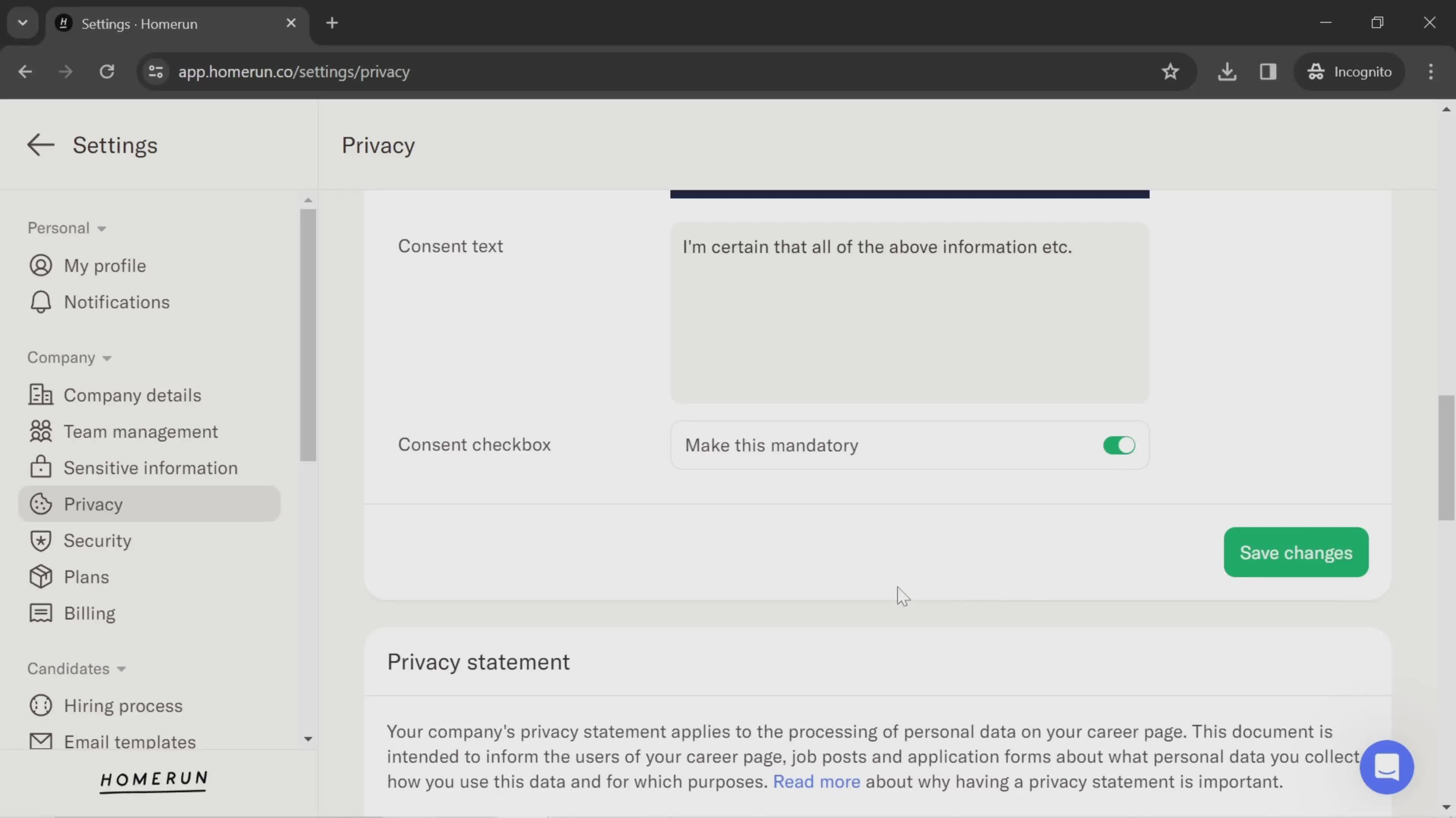 Privacy settings screenshot