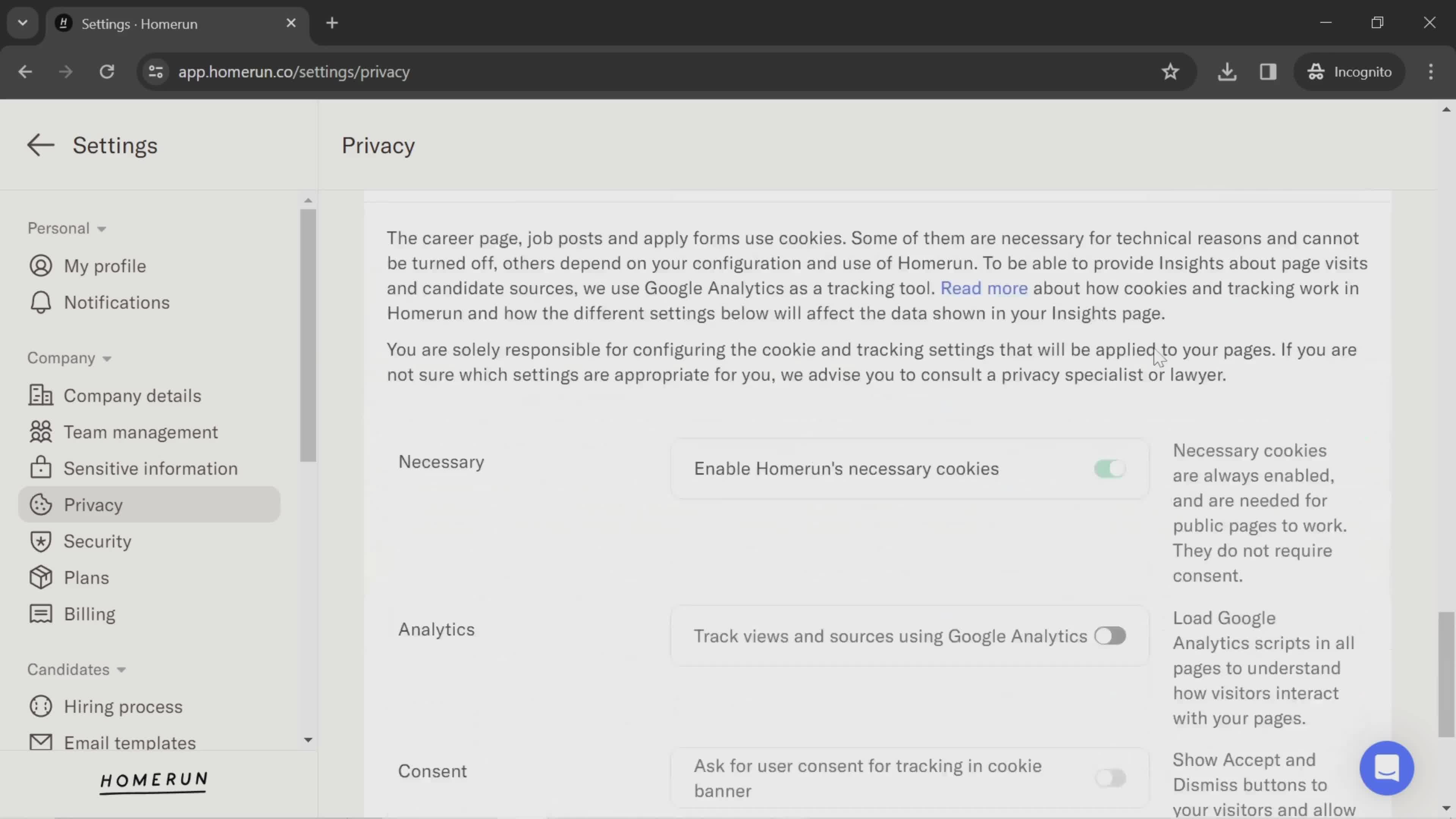 Privacy settings screenshot