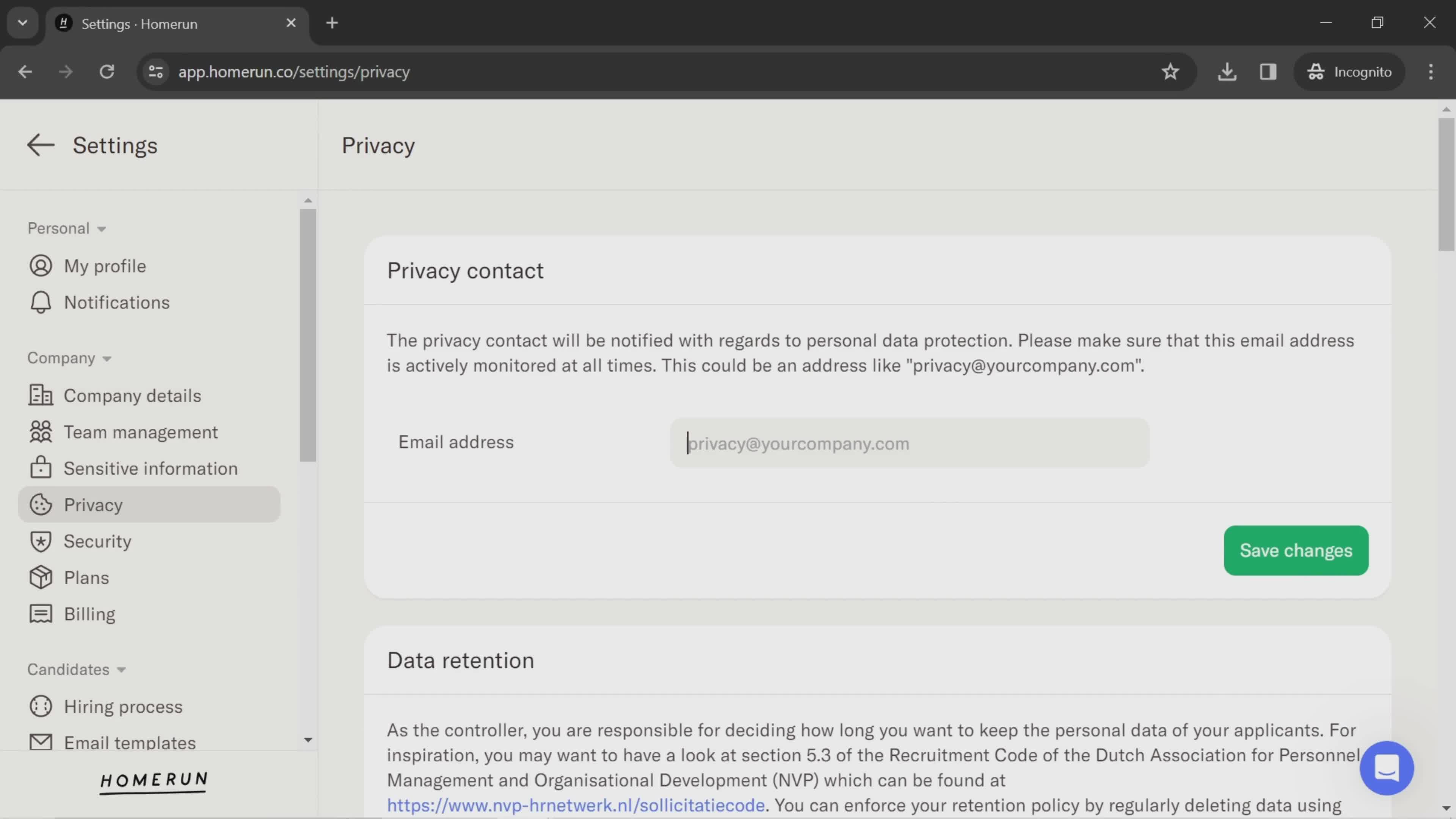 Privacy settings screenshot