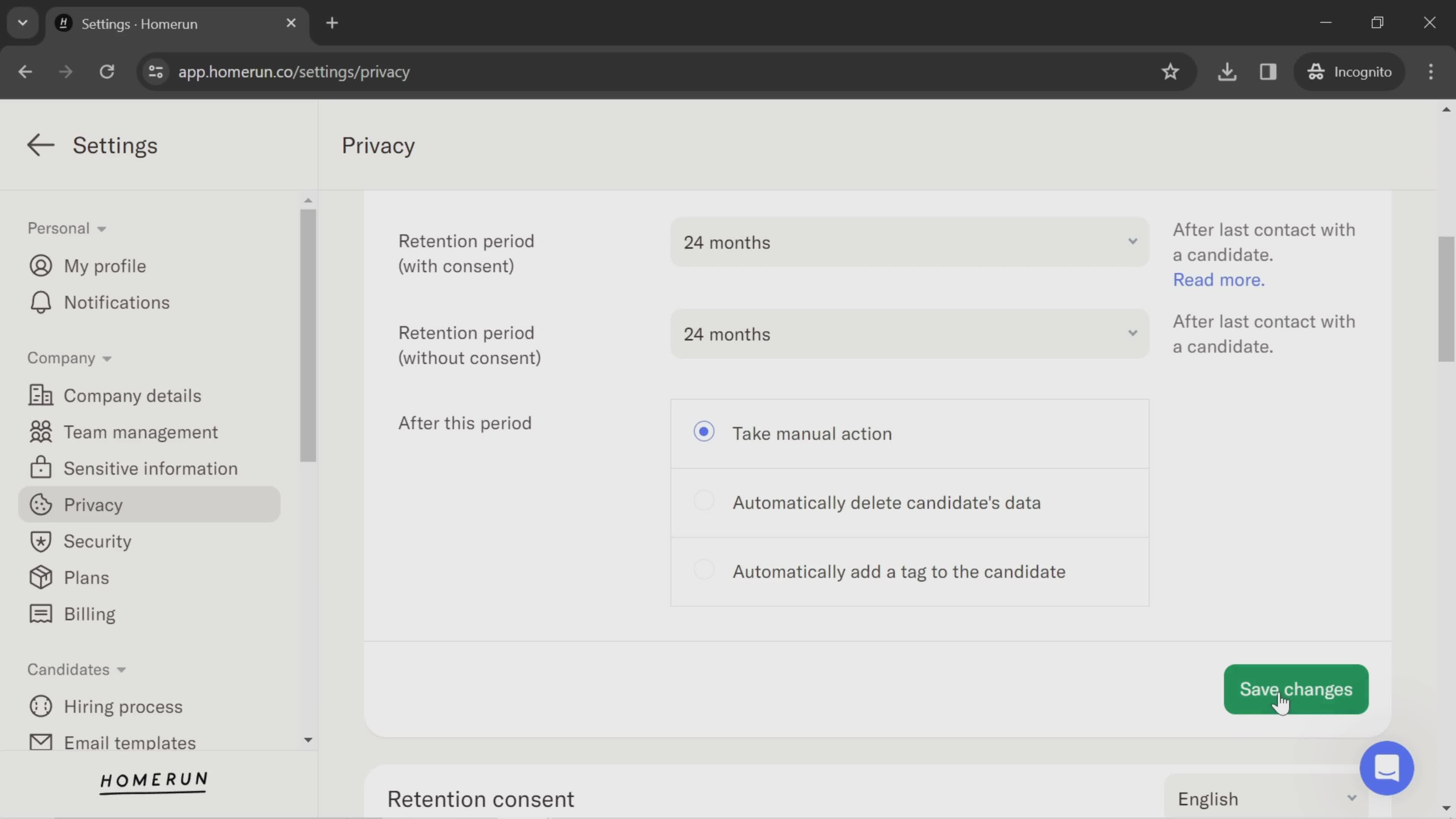 Privacy settings screenshot