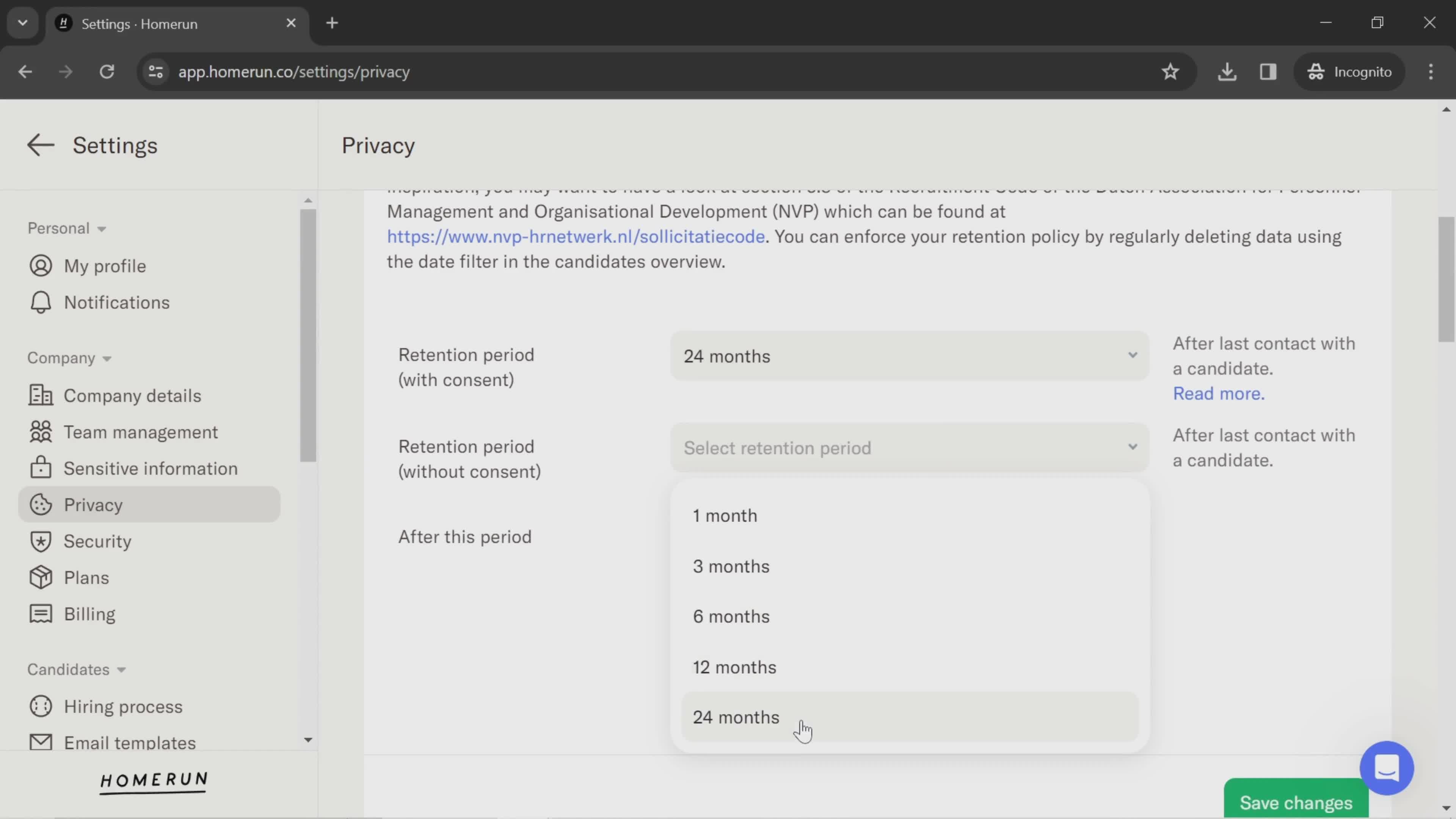 Privacy settings screenshot