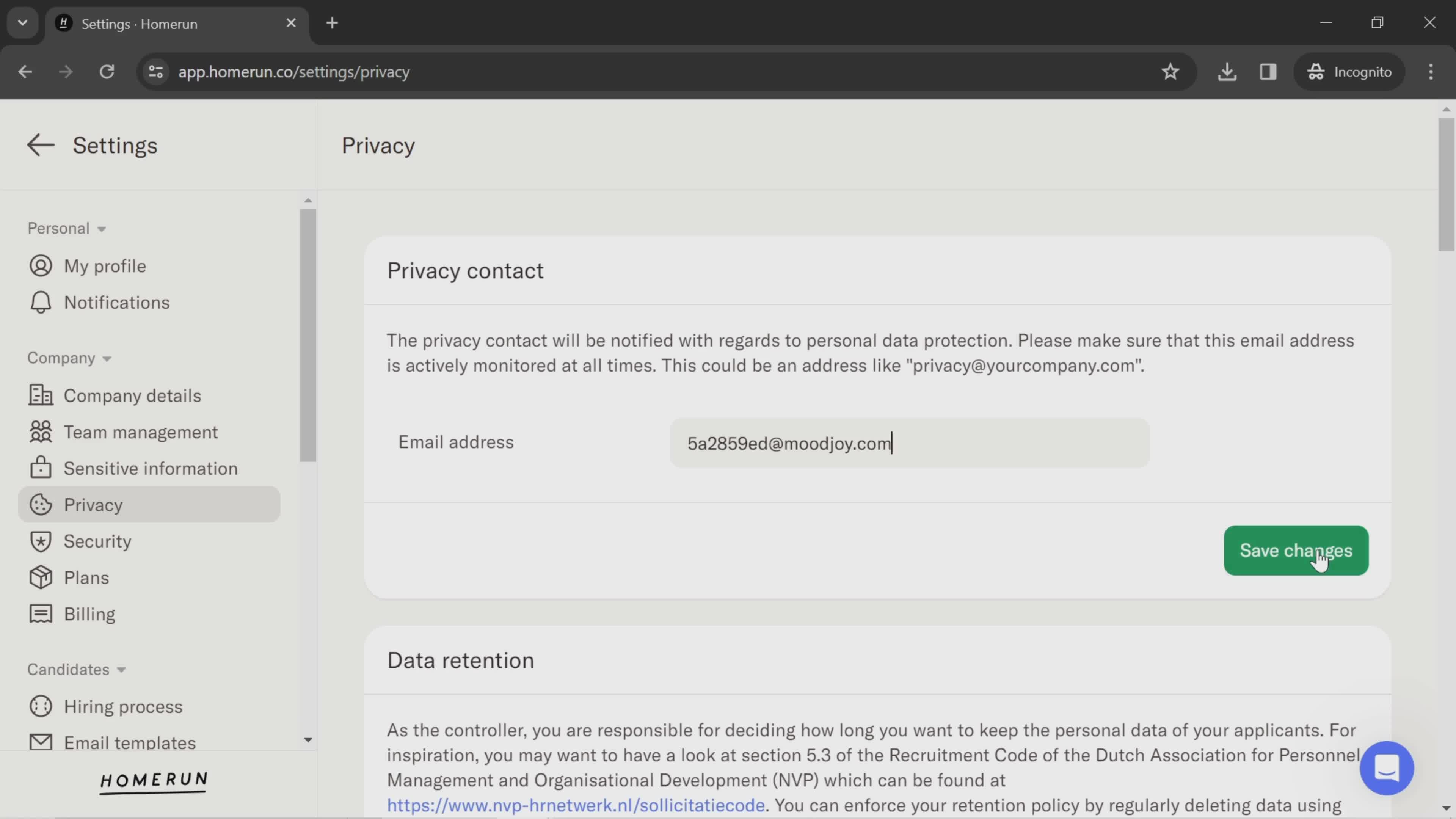 Privacy settings screenshot