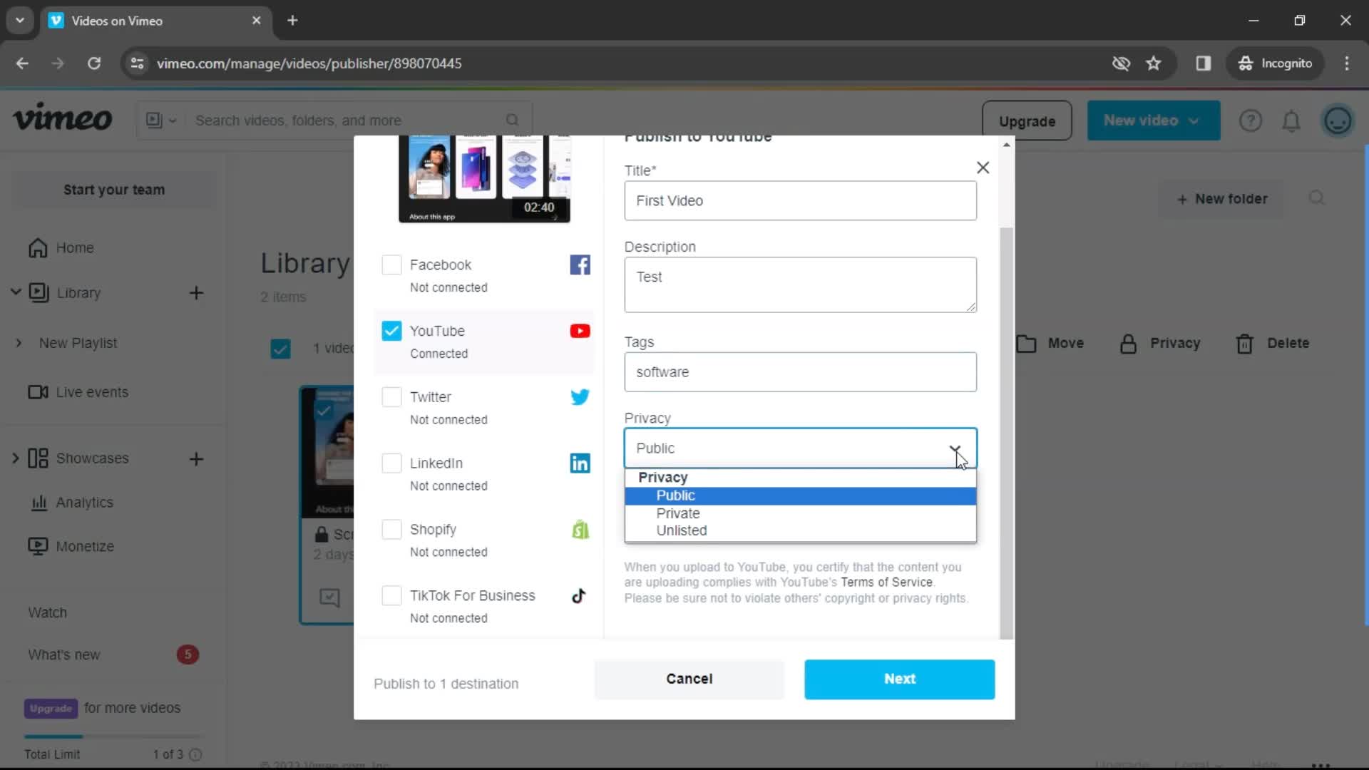 Publishing to social screenshot