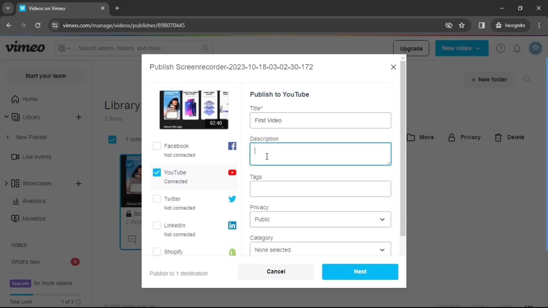 Publishing to social screenshot