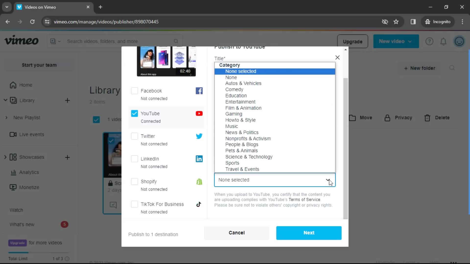 Publishing to social screenshot