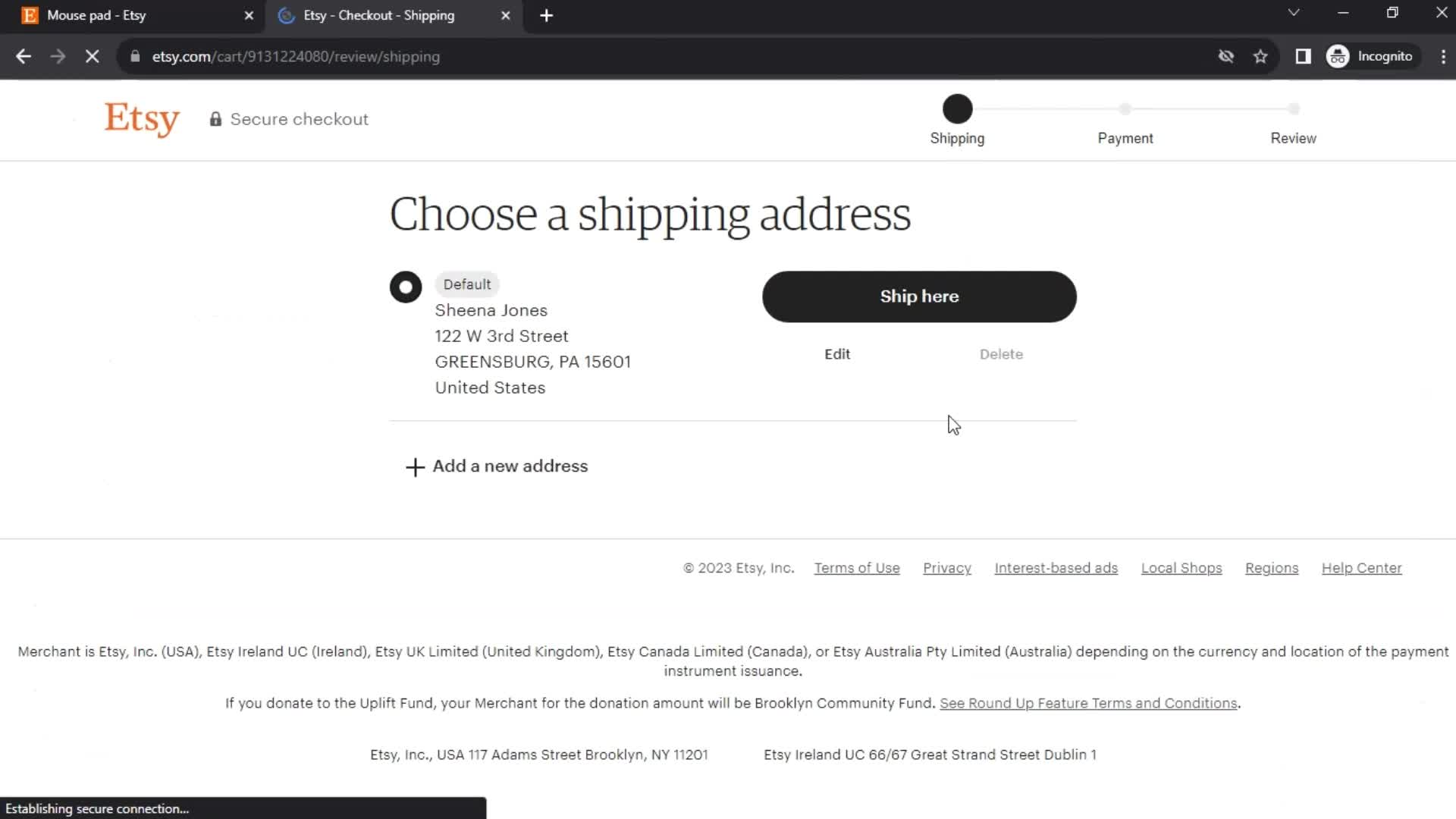 Etsy add delivery address screenshot