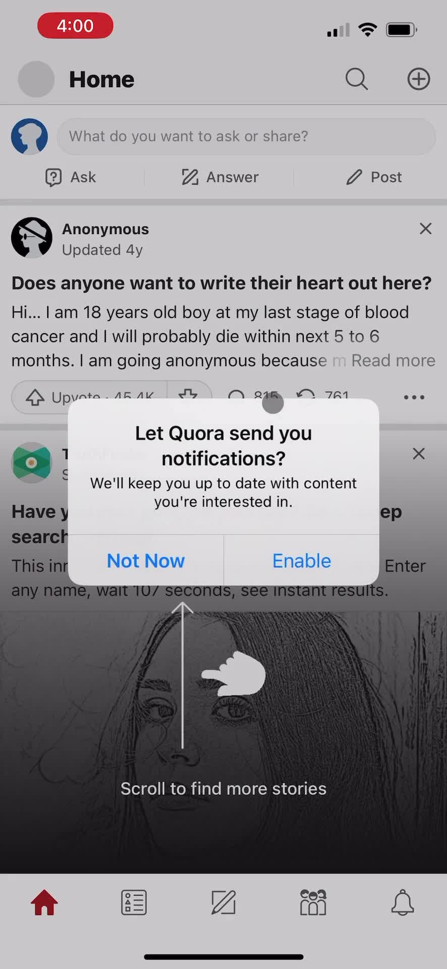 Screenshot of Enable notifications on Onboarding on Quora user flow