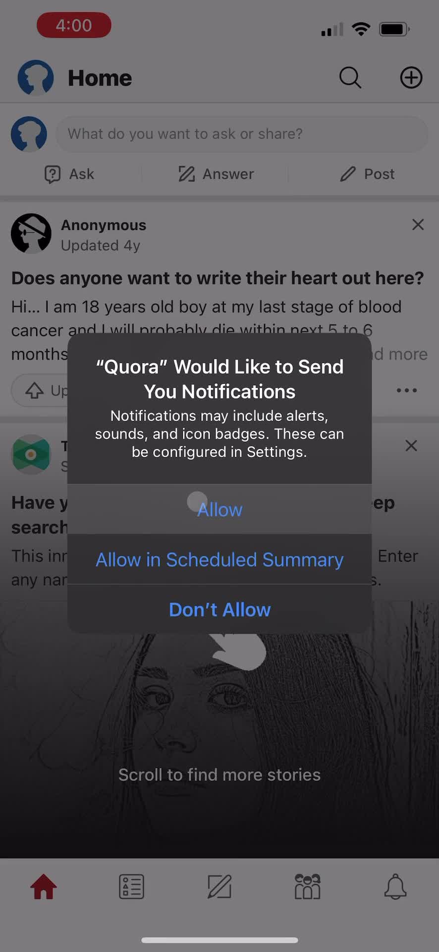 Screenshot of Enable notifications on Onboarding on Quora user flow
