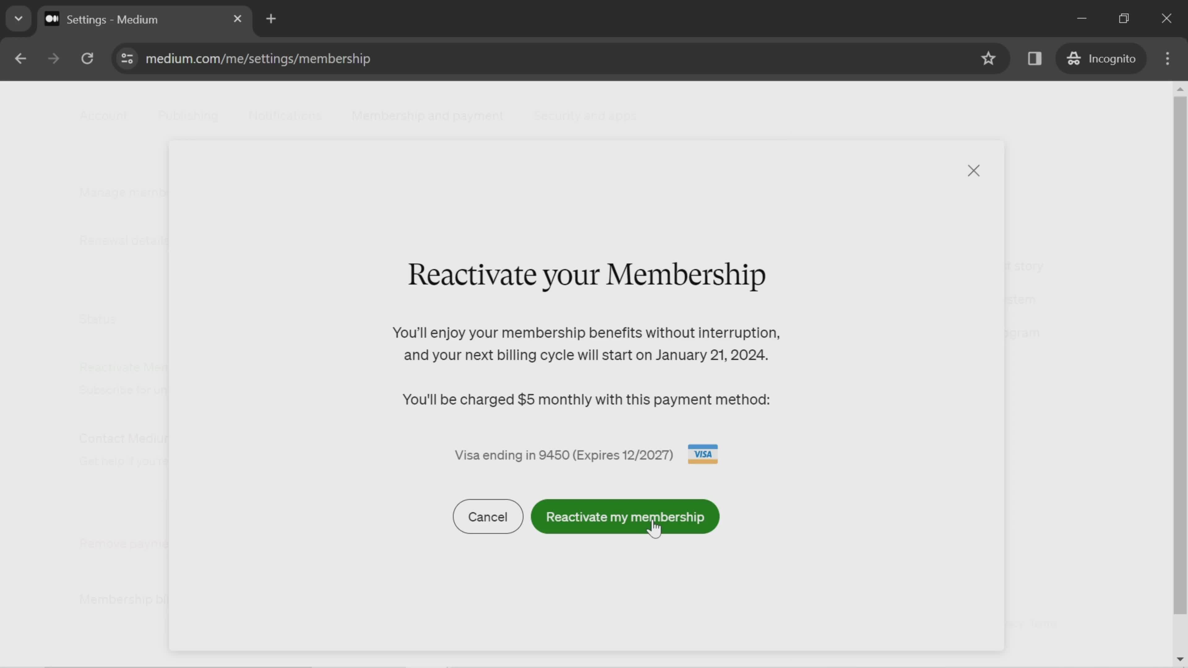 Reactivating membership screenshot