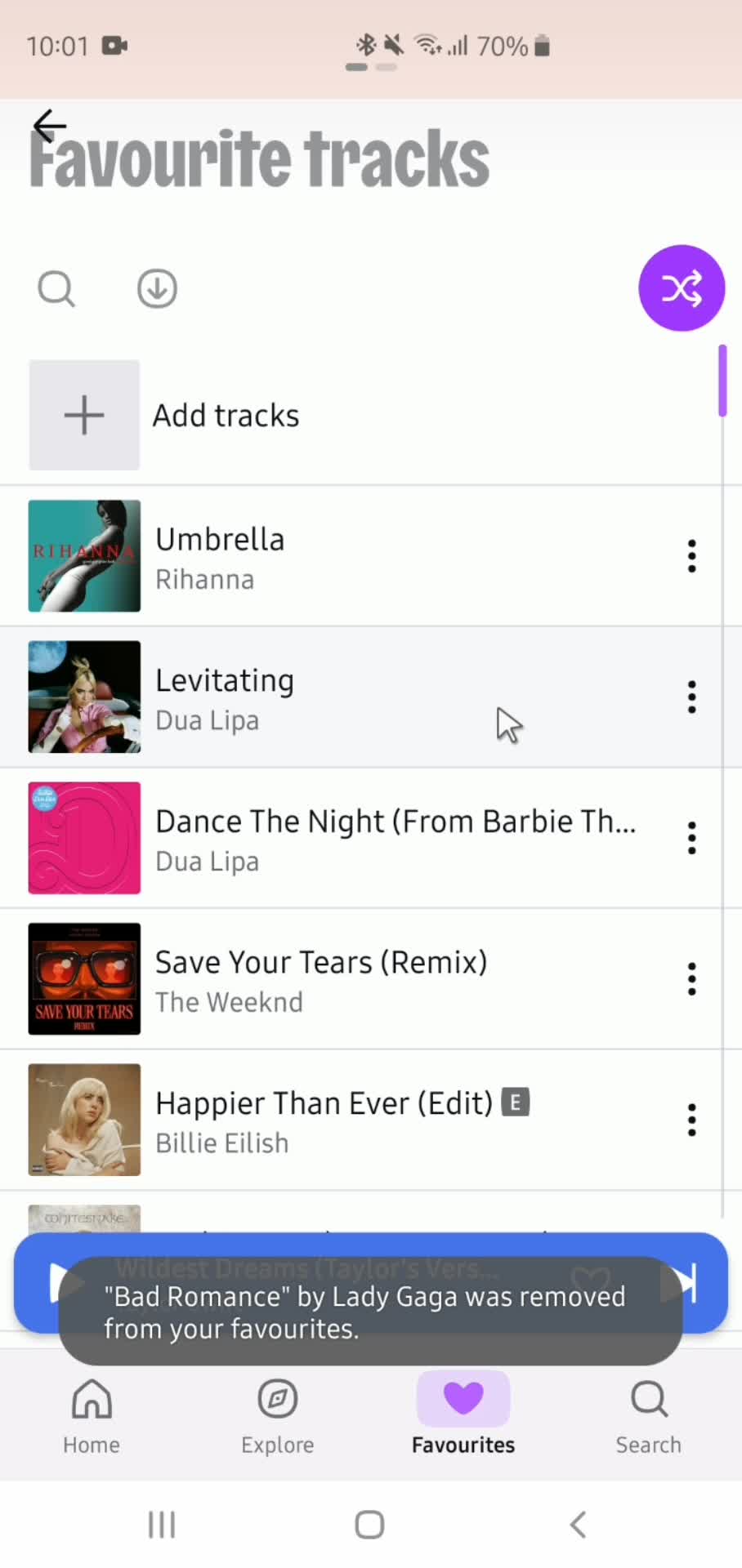 Removing favorites on Deezer video thumbnail