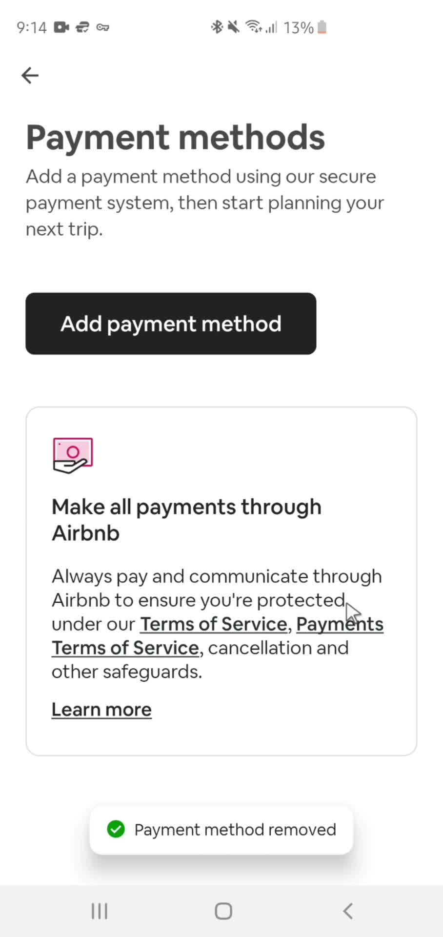 Removing payment details screenshot