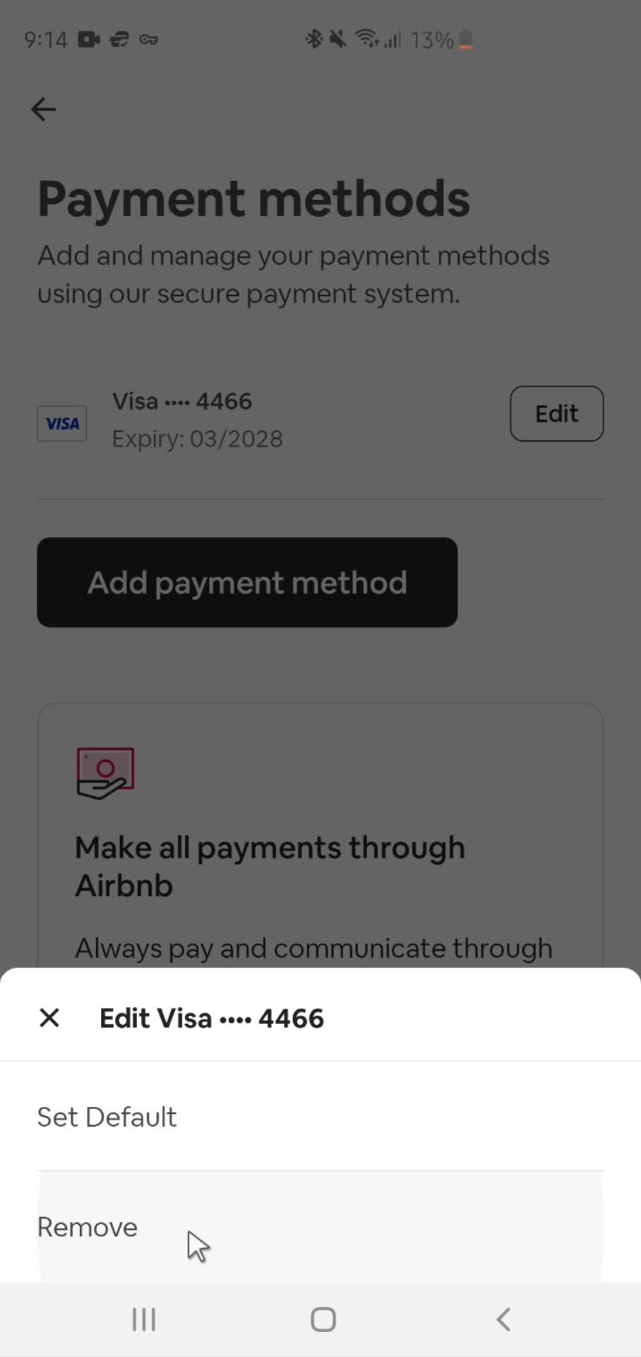 Removing payment details screenshot