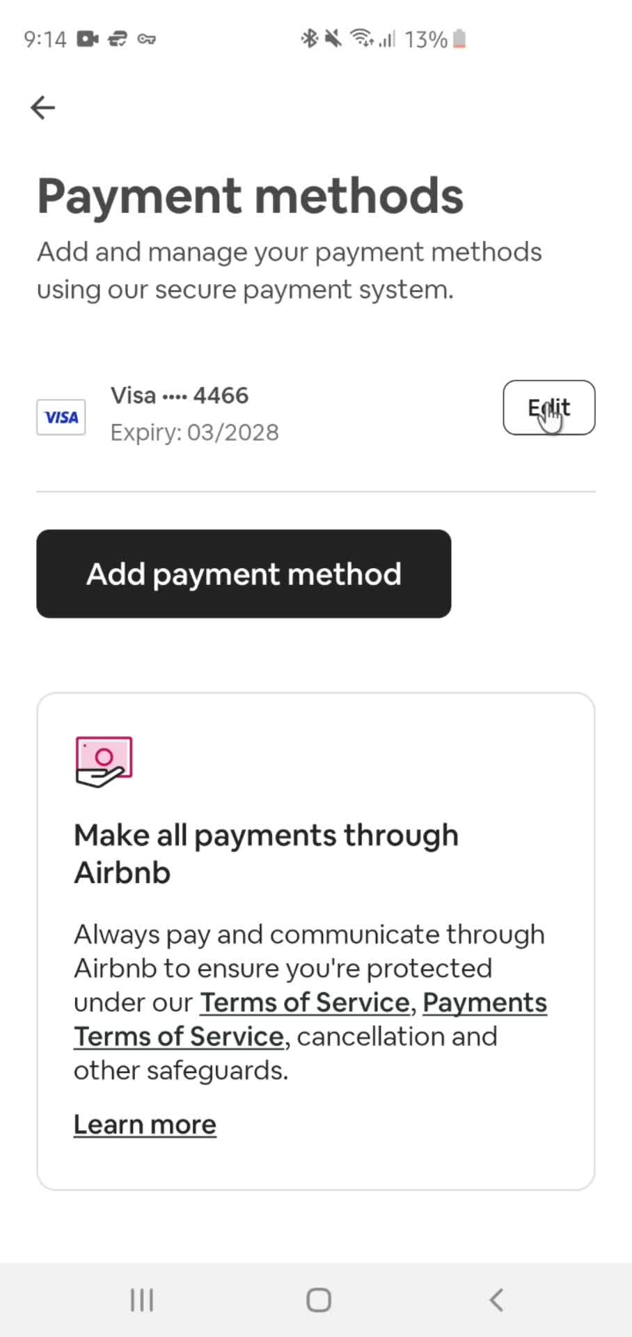 Removing payment details screenshot