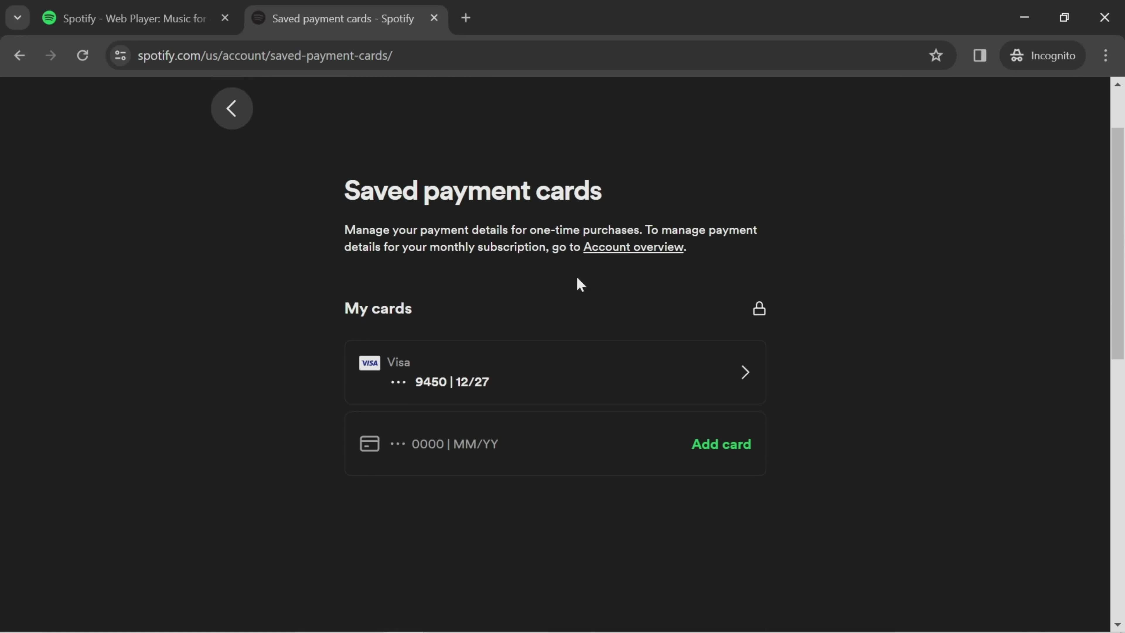 Removing a payment method screenshot