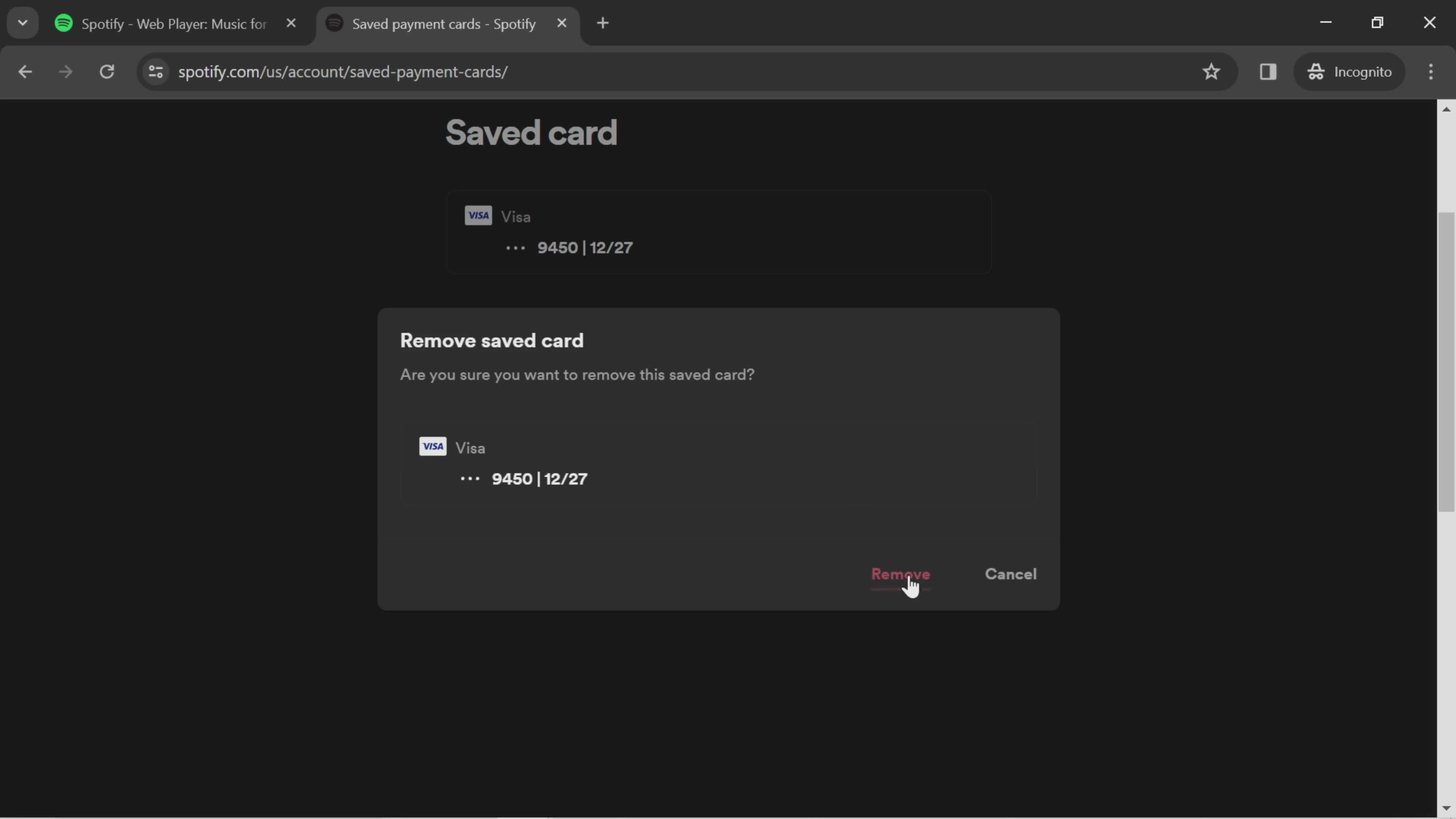 Removing a payment method screenshot