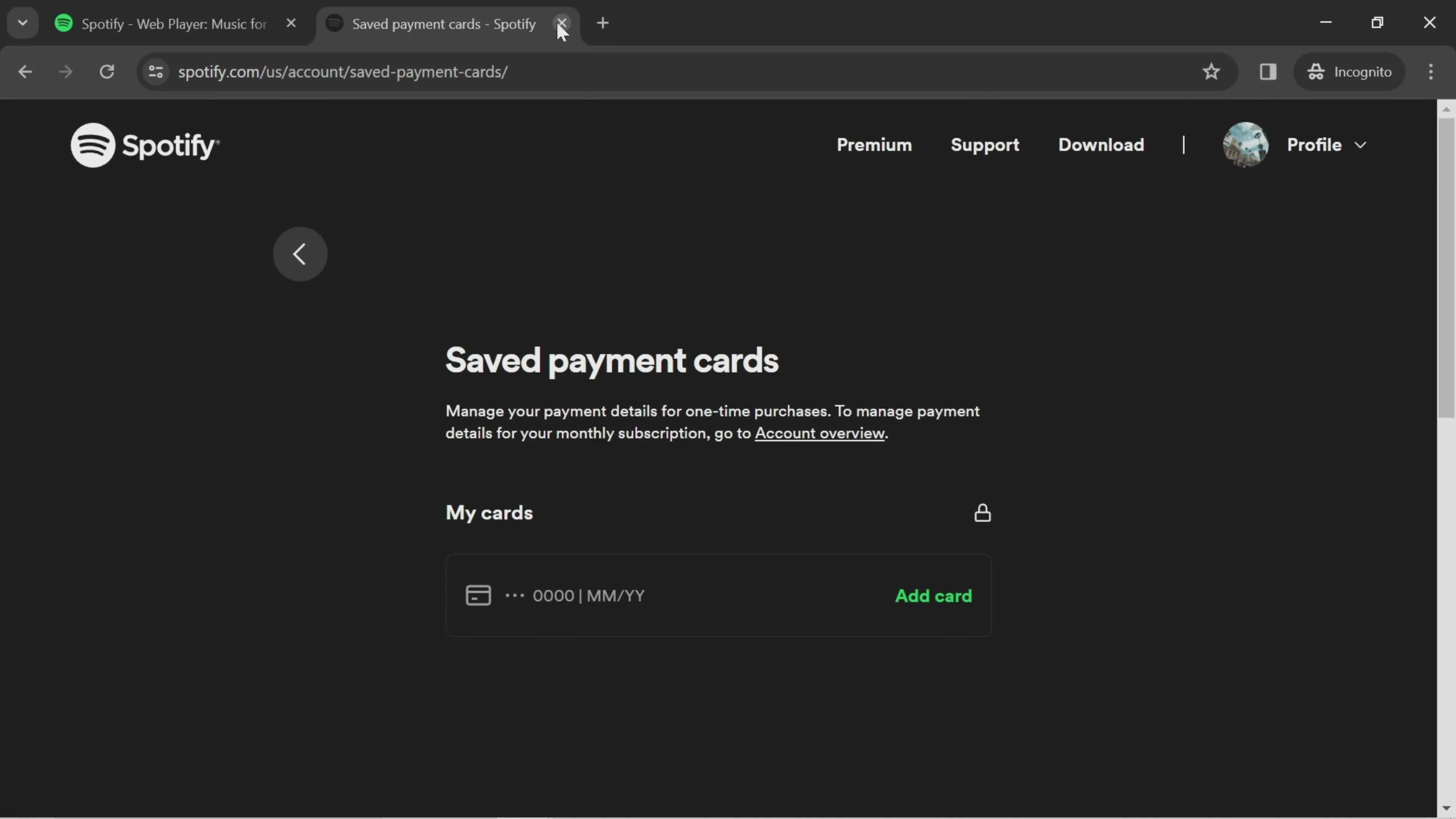 Removing a payment method screenshot