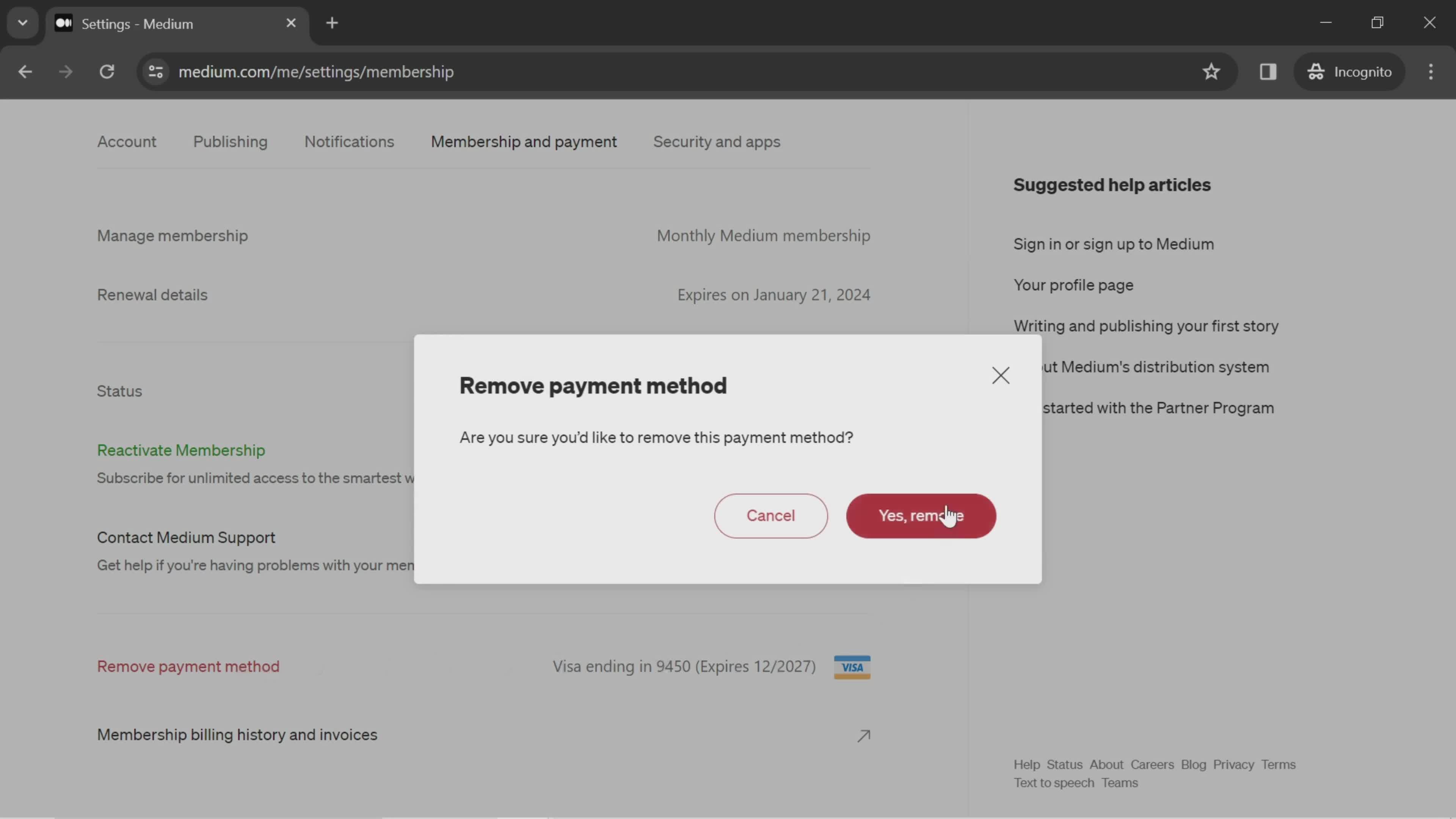 Removing a payment method screenshot