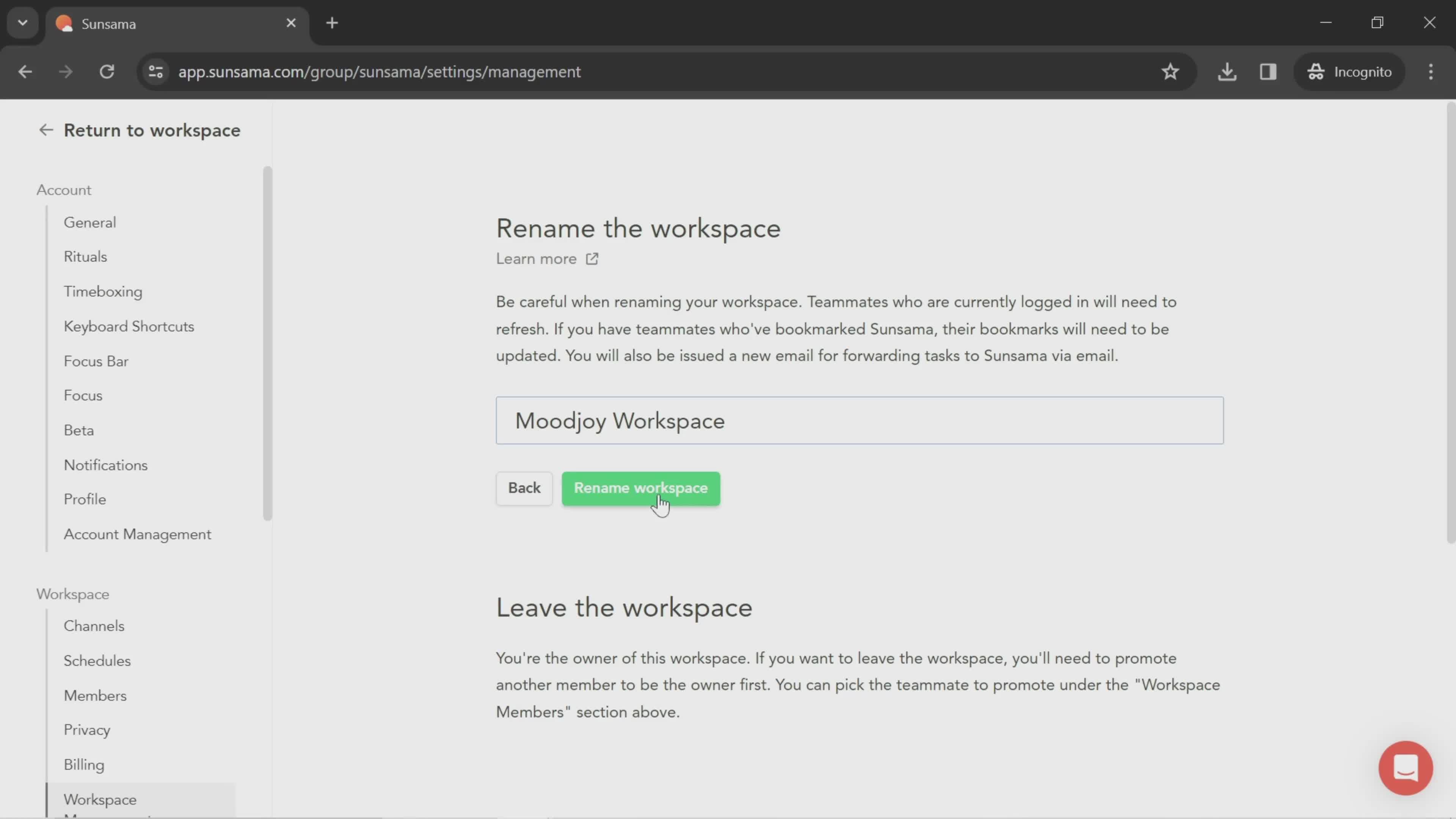 Renaming workspaces screenshot