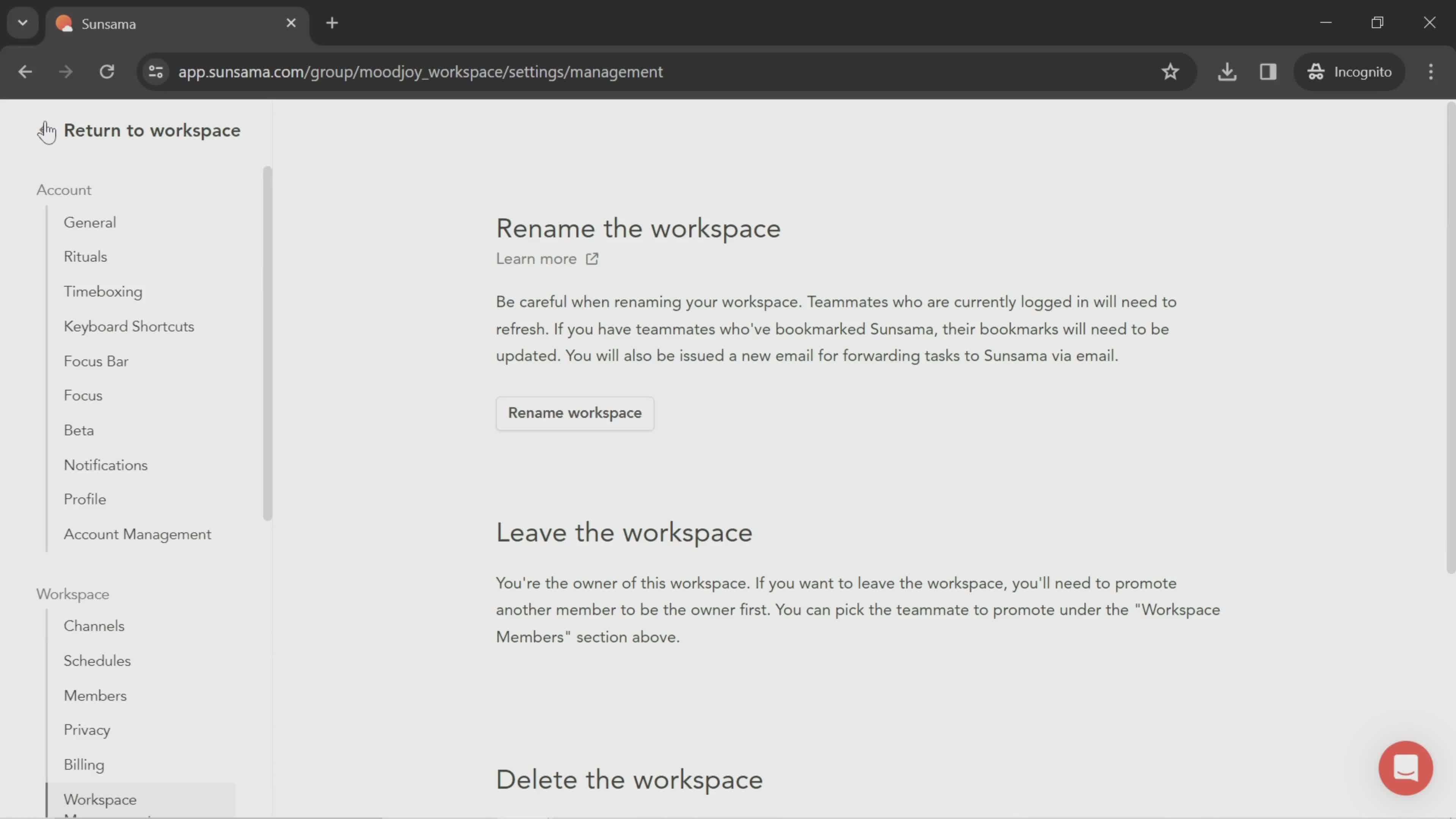 Renaming workspaces screenshot