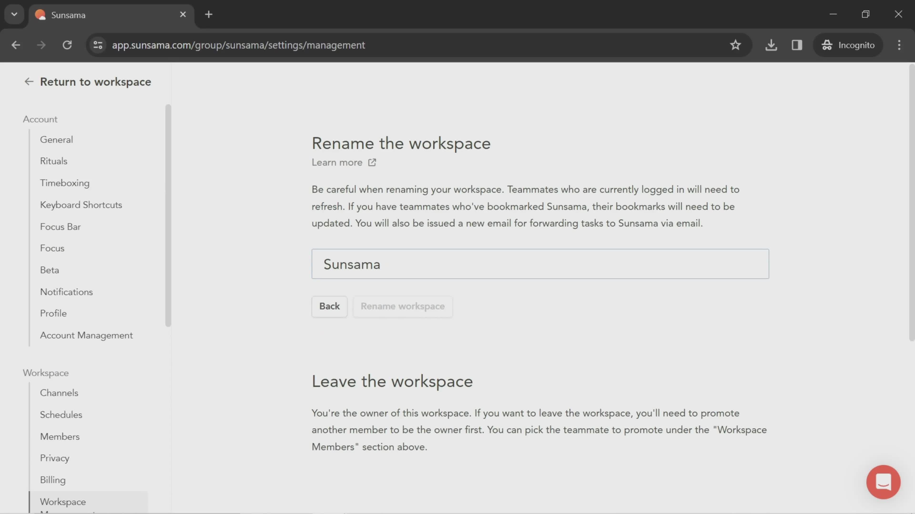 Renaming workspaces screenshot