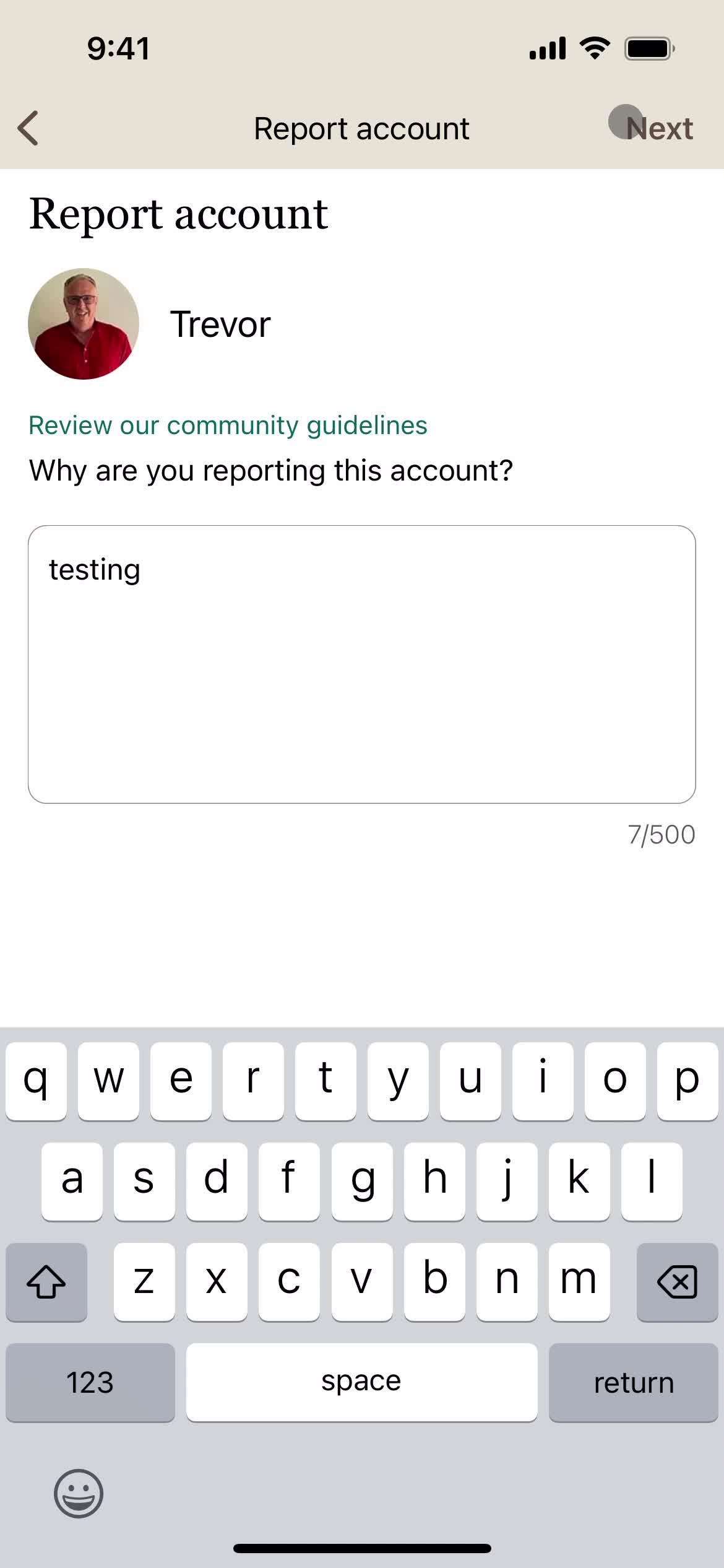 Reporting a user screenshot