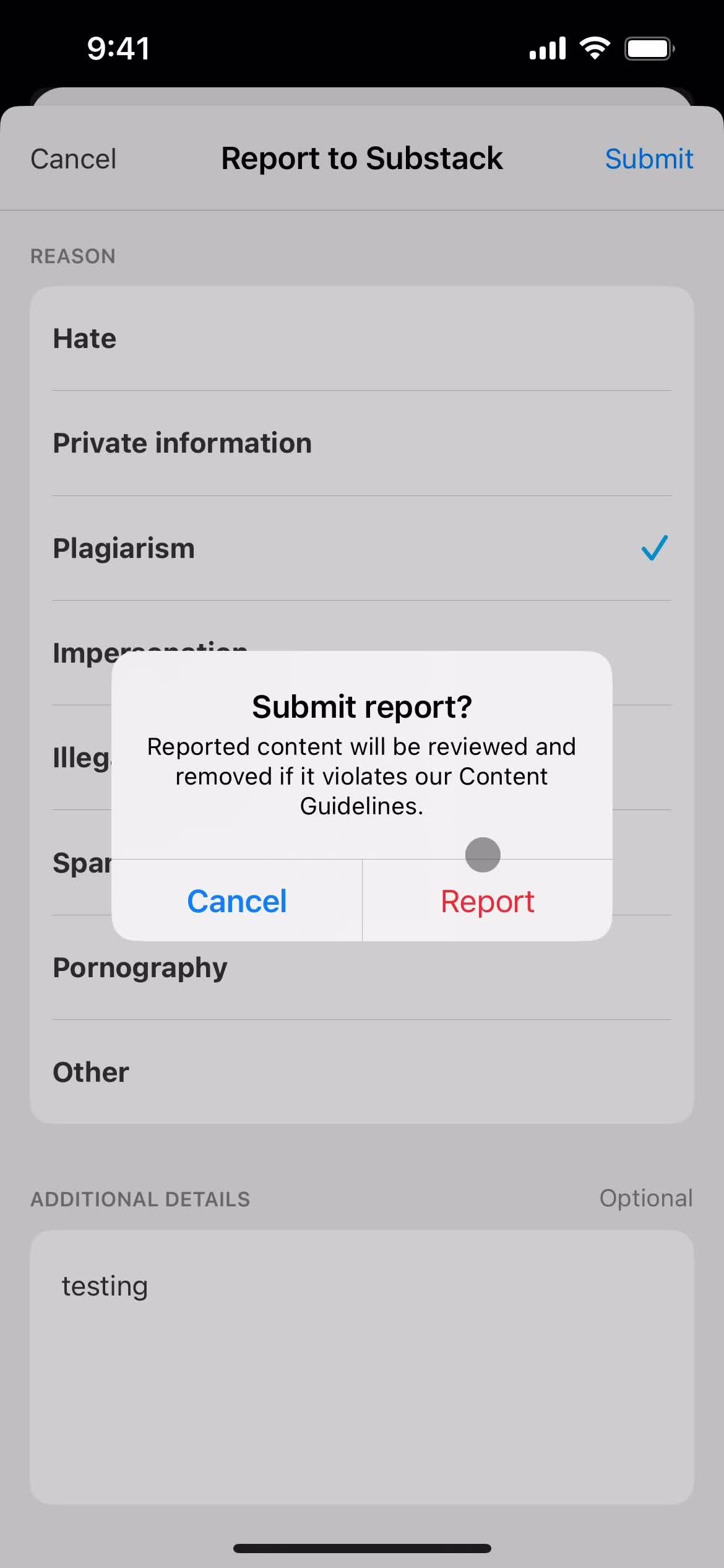 Reporting a user screenshot