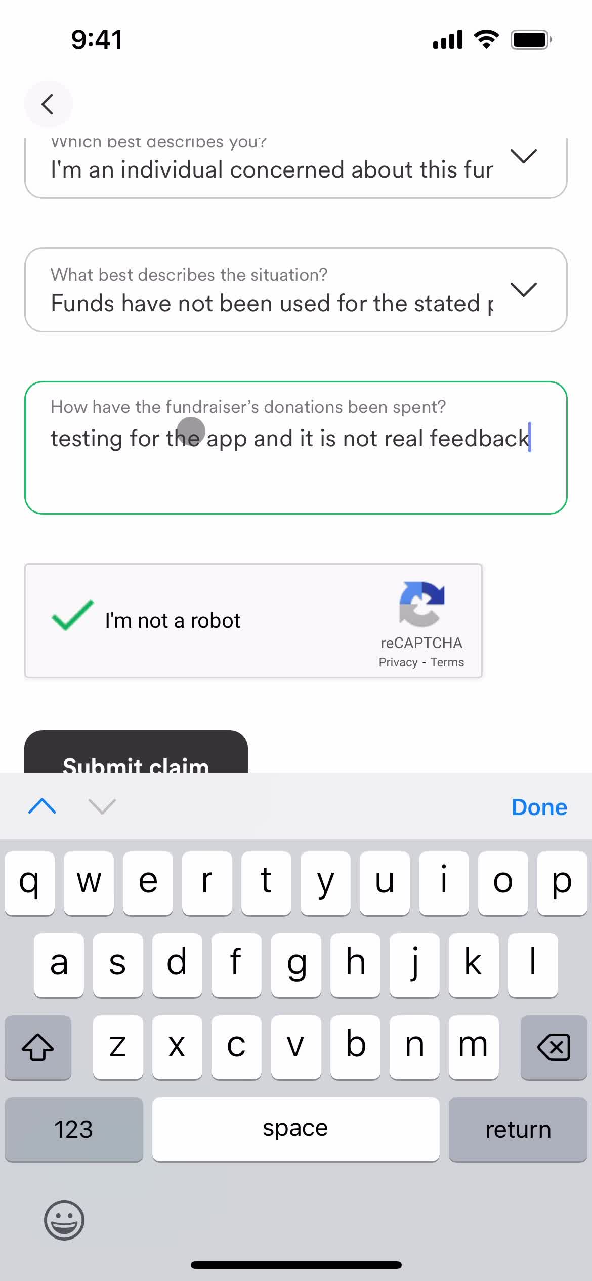 Reporting a fundraiser screenshot