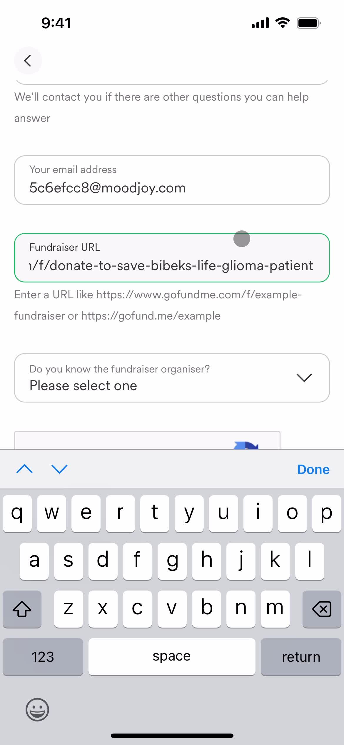 Reporting a fundraiser screenshot