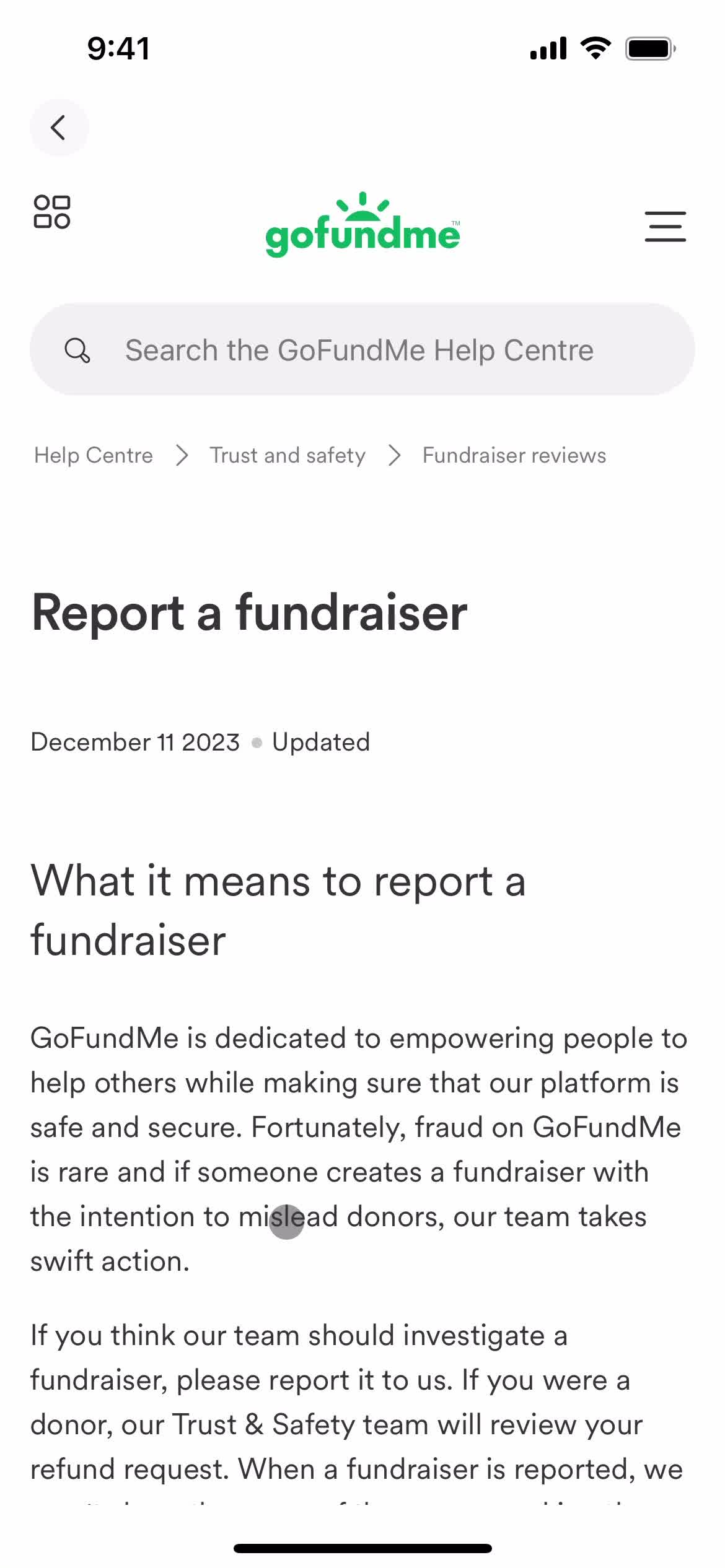 Reporting a fundraiser screenshot